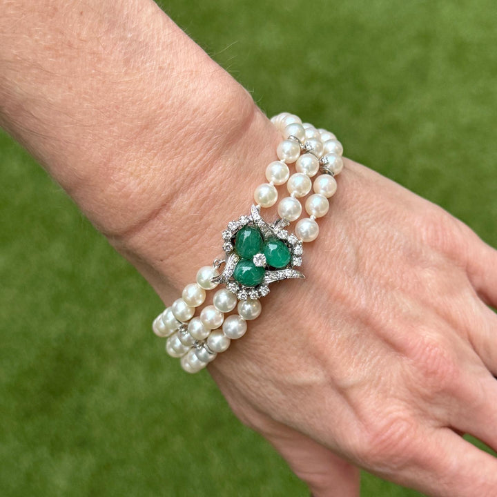 Emerald Diamond 14 Karat White Gold Clasp Three Strand Pearl Bracelet