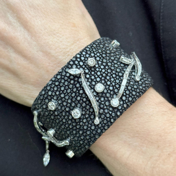 Diamond Platinum Stingray Skin Cuff Modern Bracelet