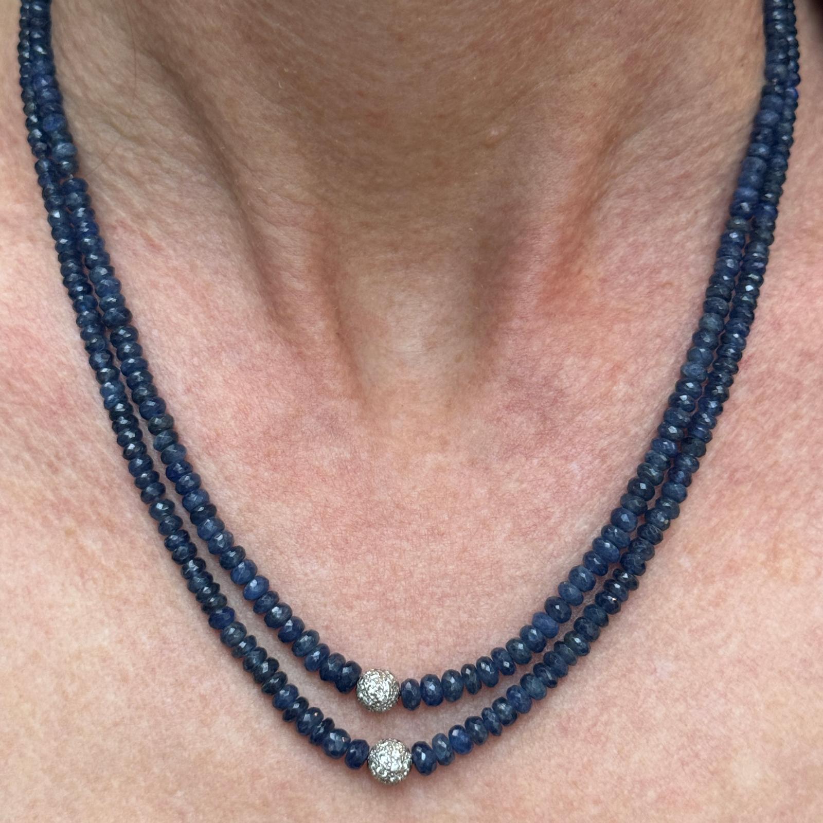 Sapphire Bead Diamond Station Two Row 14 Karat White Gold 16 Inch Necklace