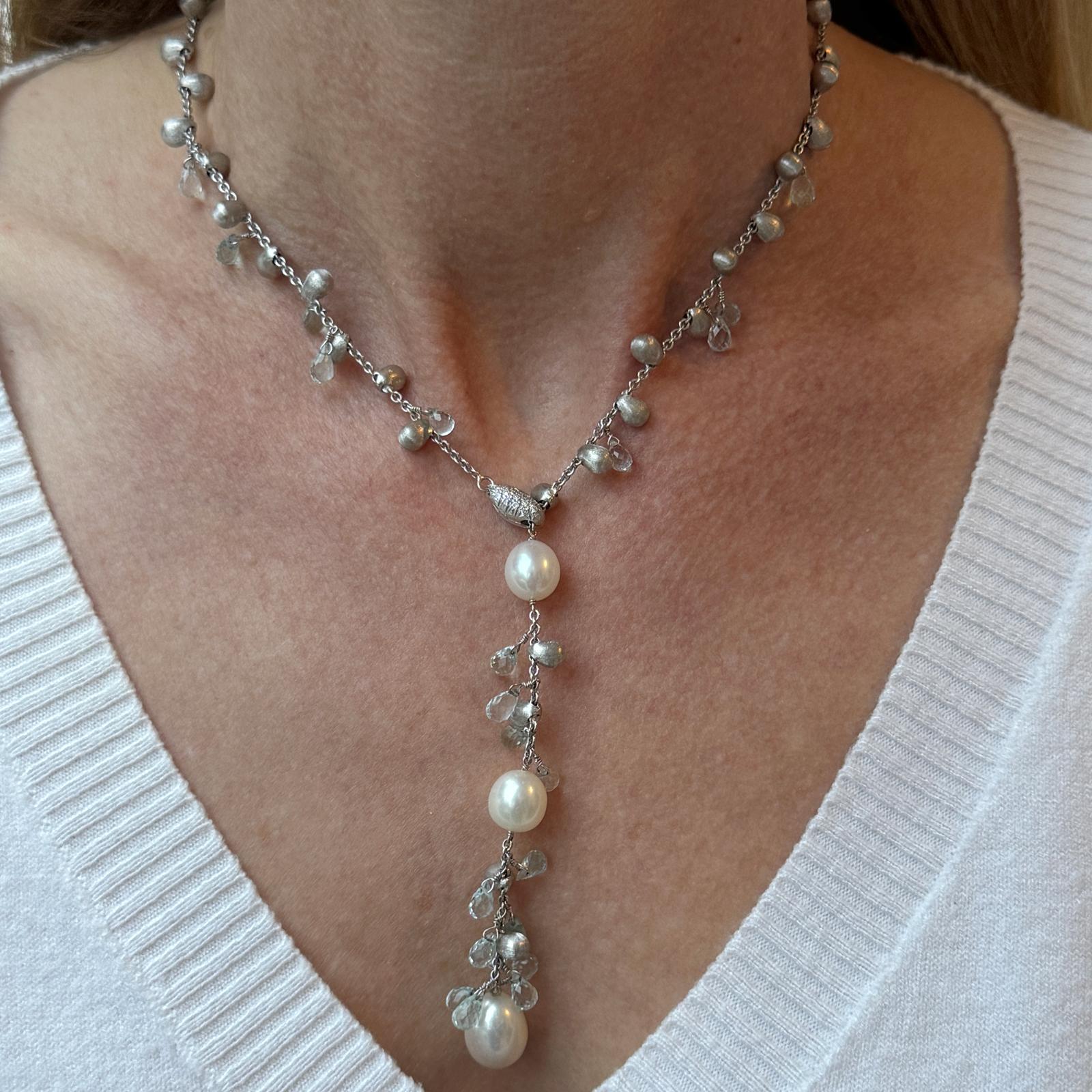 Marco Bicego 18K White Gold Pearl Crystal Drop Lariat Necklace