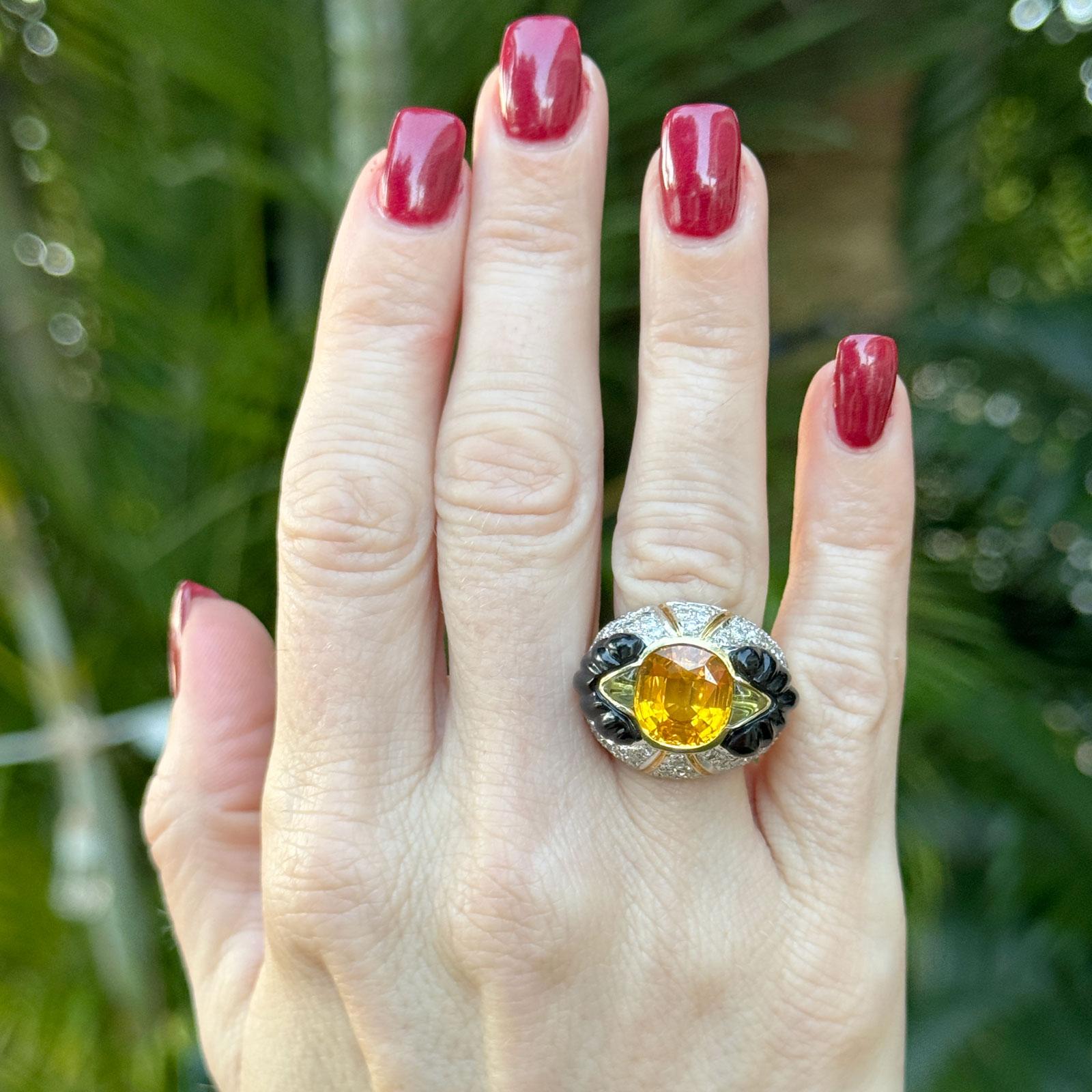 Ceylon Yellow Sapphire Diamond Carved Onyx 18 Karat Yellow Gold Cocktail Ring