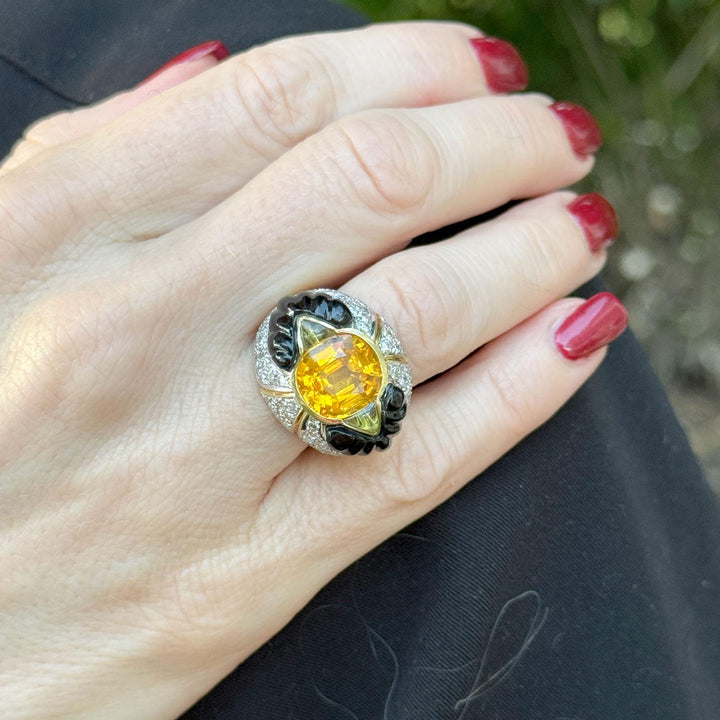 Ceylon Yellow Sapphire Diamond Carved Onyx 18 Karat Yellow Gold Cocktail Ring