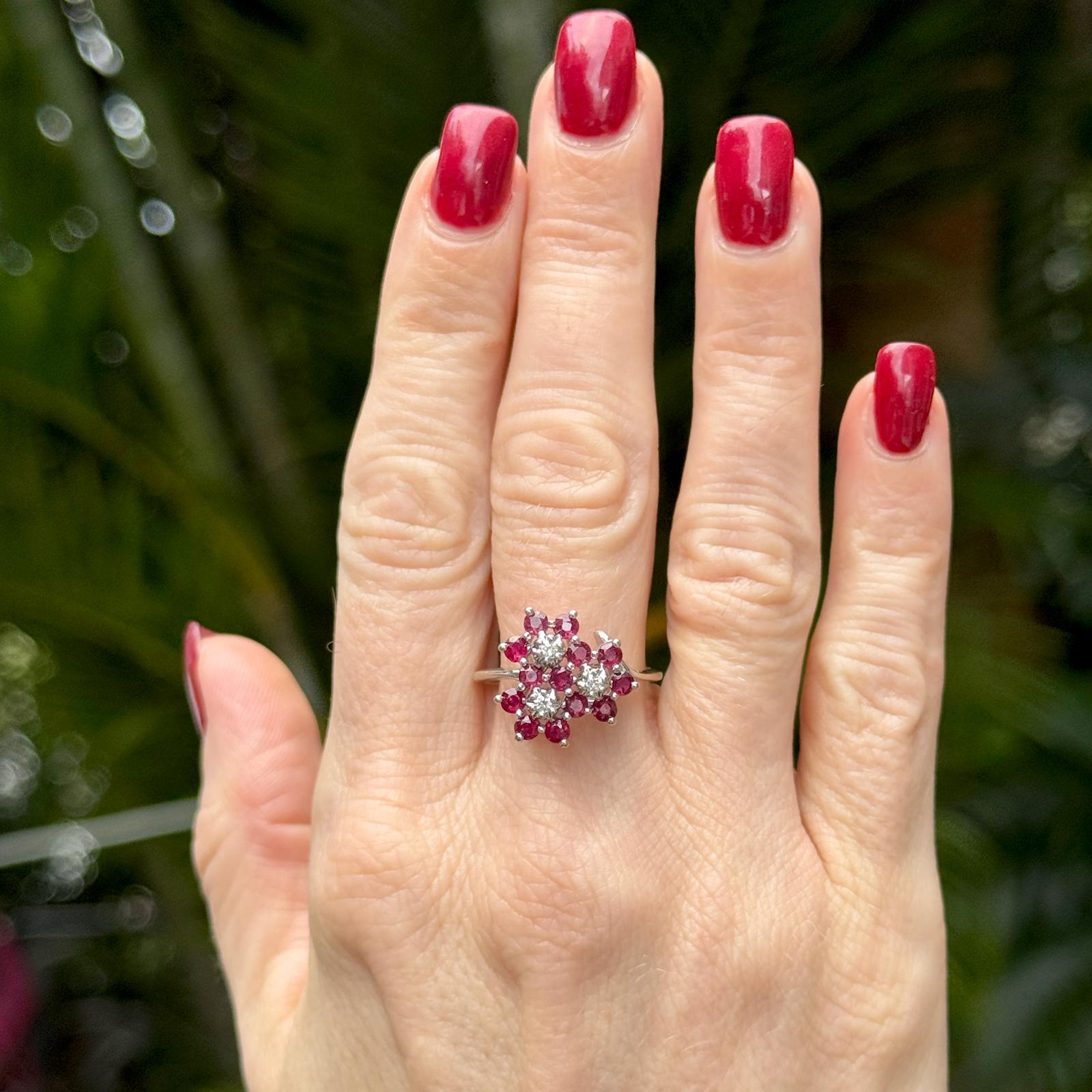 Late 20th Century Diamond Ruby 14 Karat White Gold Floral Motif Vintage Ring