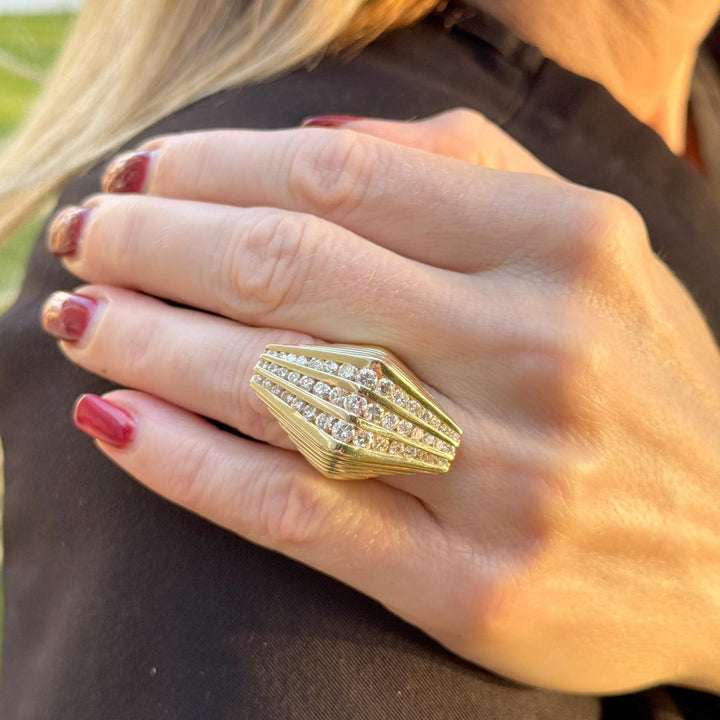 Late-20th Century Diamond Ribbed 14K Yellow Gold Vintage Pyramid Cocktail Ring