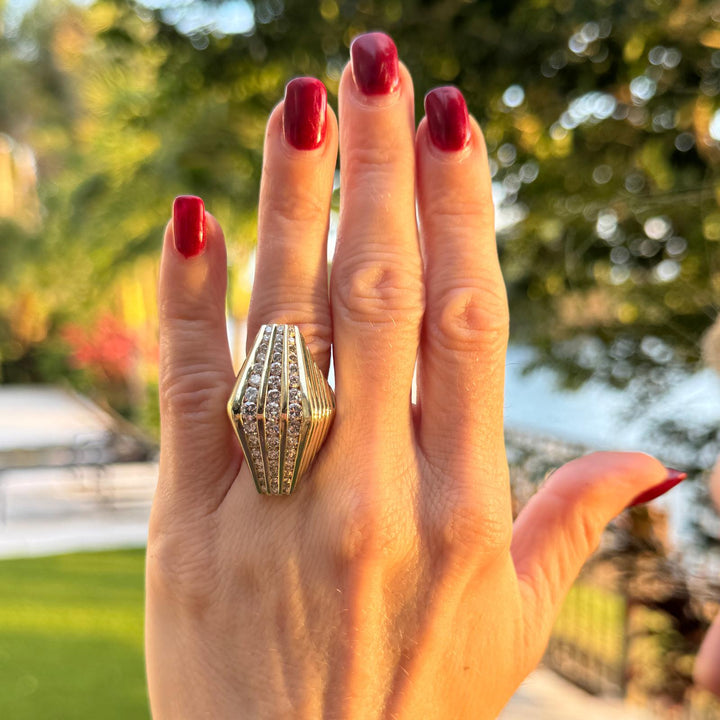 Late-20th Century Diamond Ribbed 14K Yellow Gold Vintage Pyramid Cocktail Ring