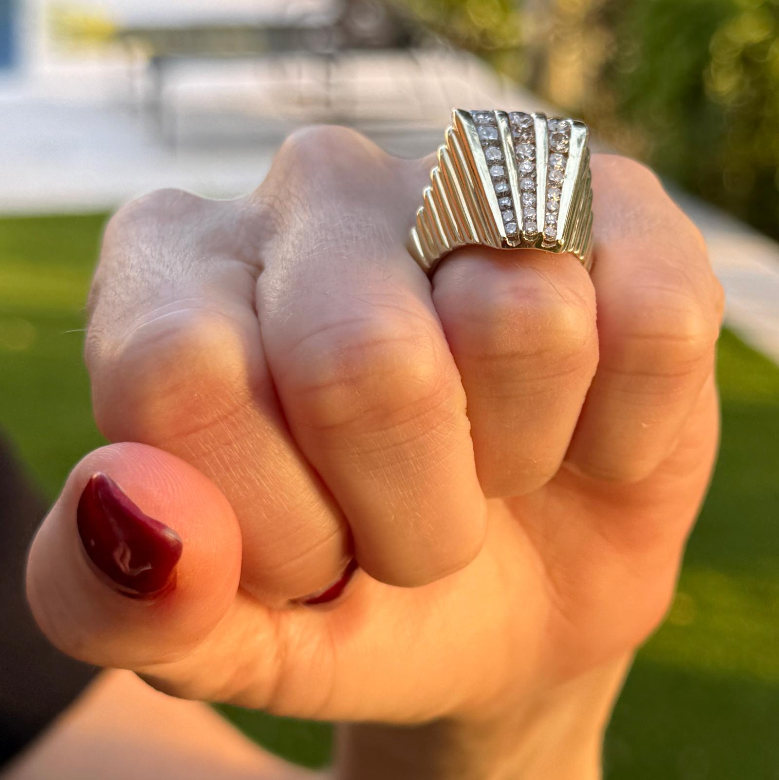 Late-20th Century Diamond Ribbed 14K Yellow Gold Vintage Pyramid Cocktail Ring