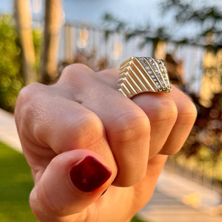 Late-20th Century Diamond Ribbed 14K Yellow Gold Vintage Pyramid Cocktail Ring