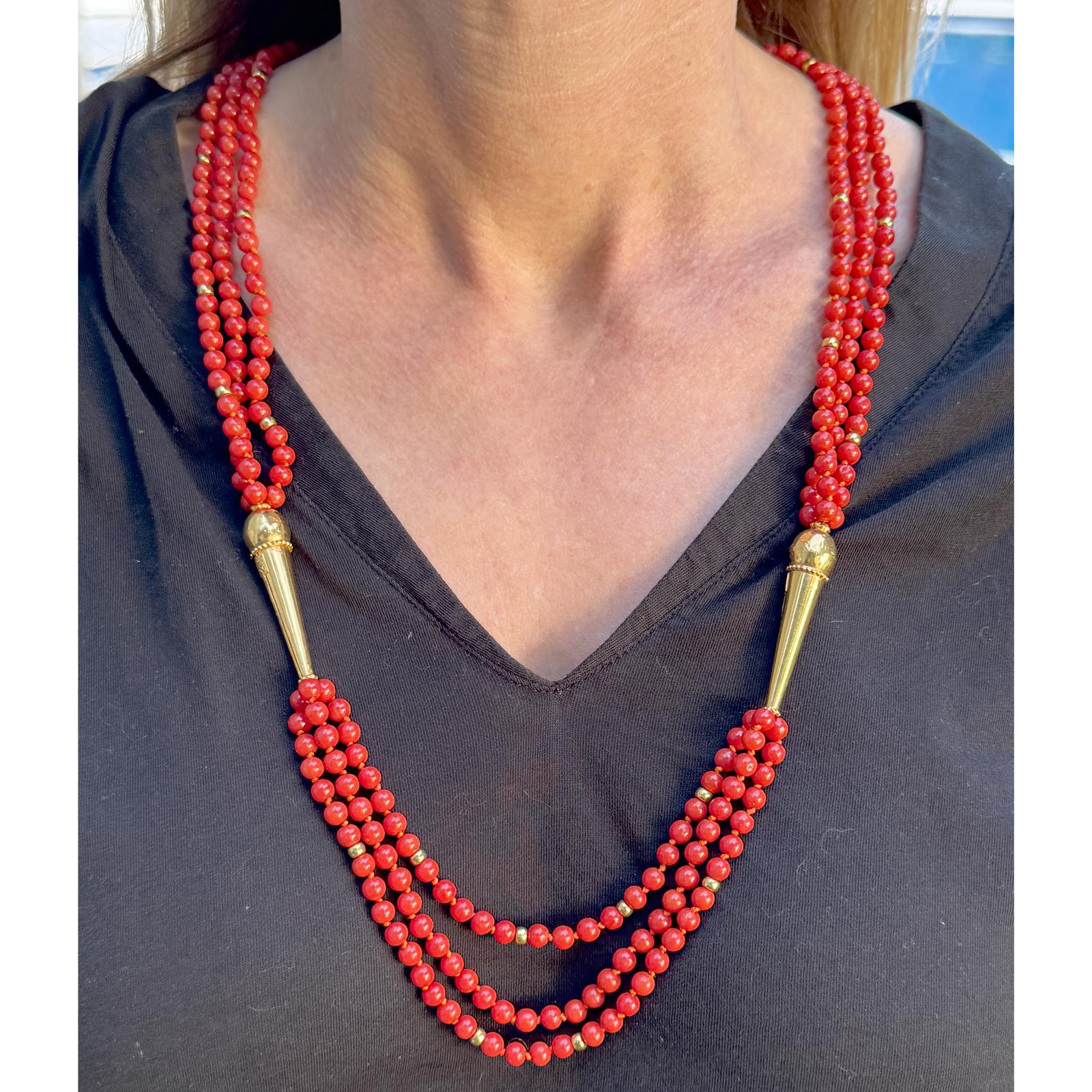 22 Karat Yellow Gold Coral Bead Three Row 28 Inch Vintage Necklace