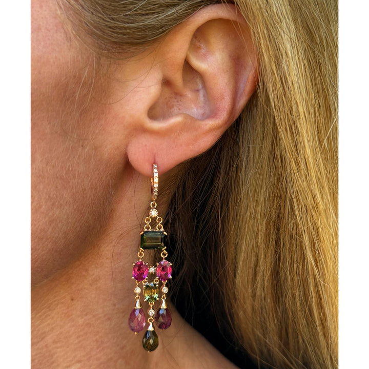 Diamond Pink Sapphire Pink & Green Tourmaline Dangle Drop 14K Rose Gold Earrings