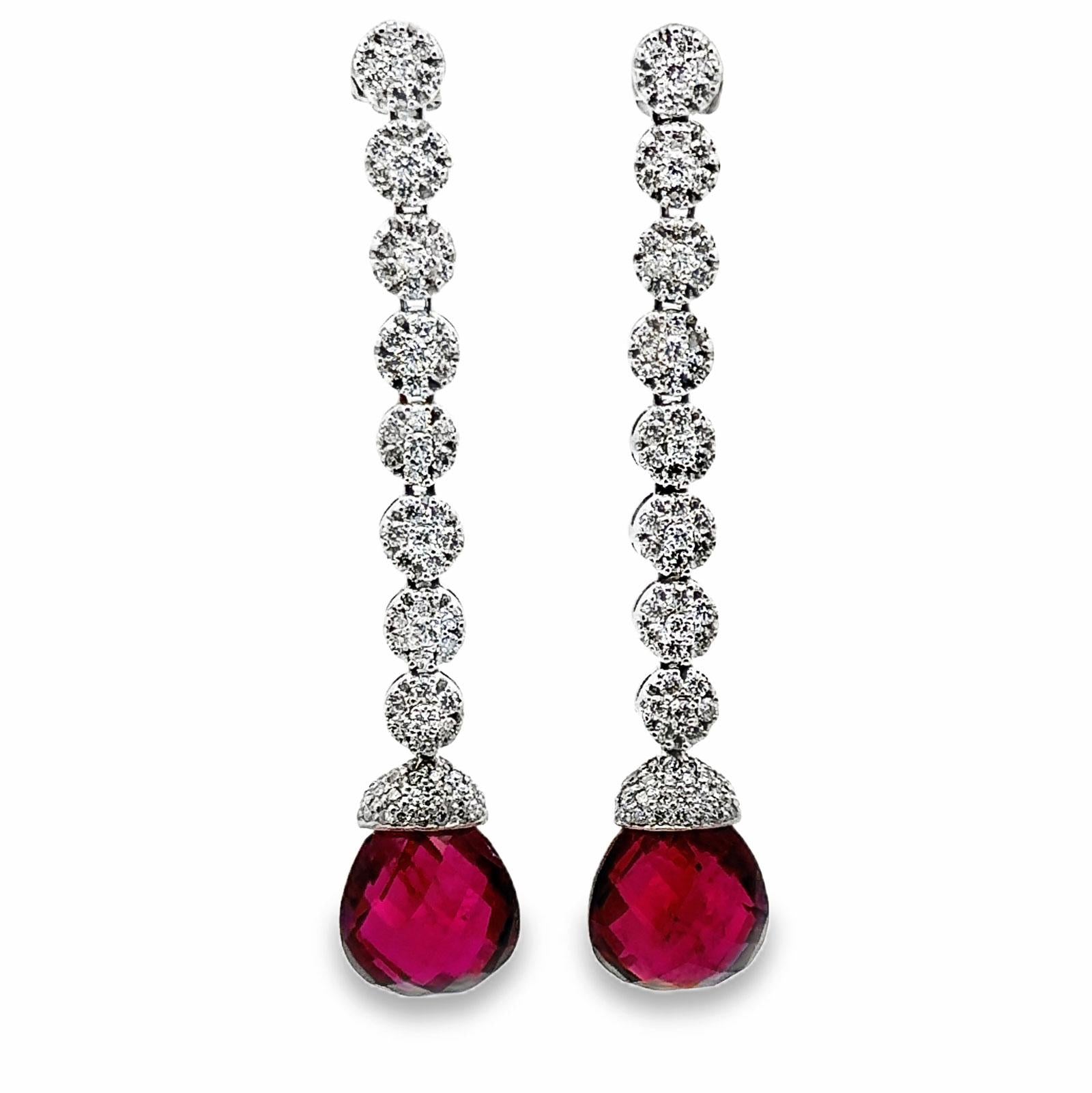 19-Carat Rubelite Briolette Drop Diamond 18 Karat White Gold Earrings