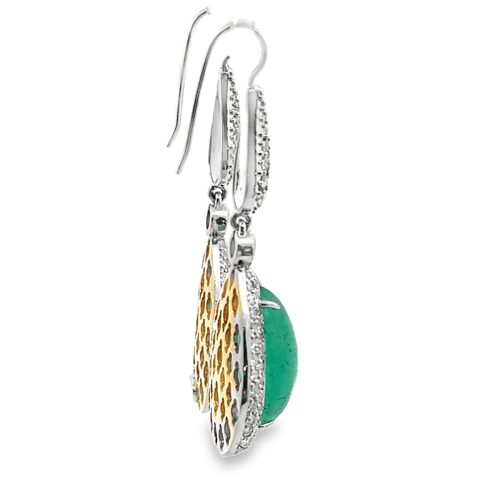 24-Carat Cabochon Emerald Diamond 18 Karat Two Tone Gold Drop Dangle Earrings