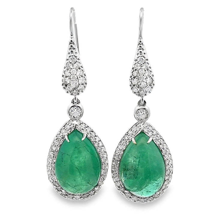 24-Carat Cabochon Emerald Diamond 18 Karat Two Tone Gold Drop Dangle Earrings