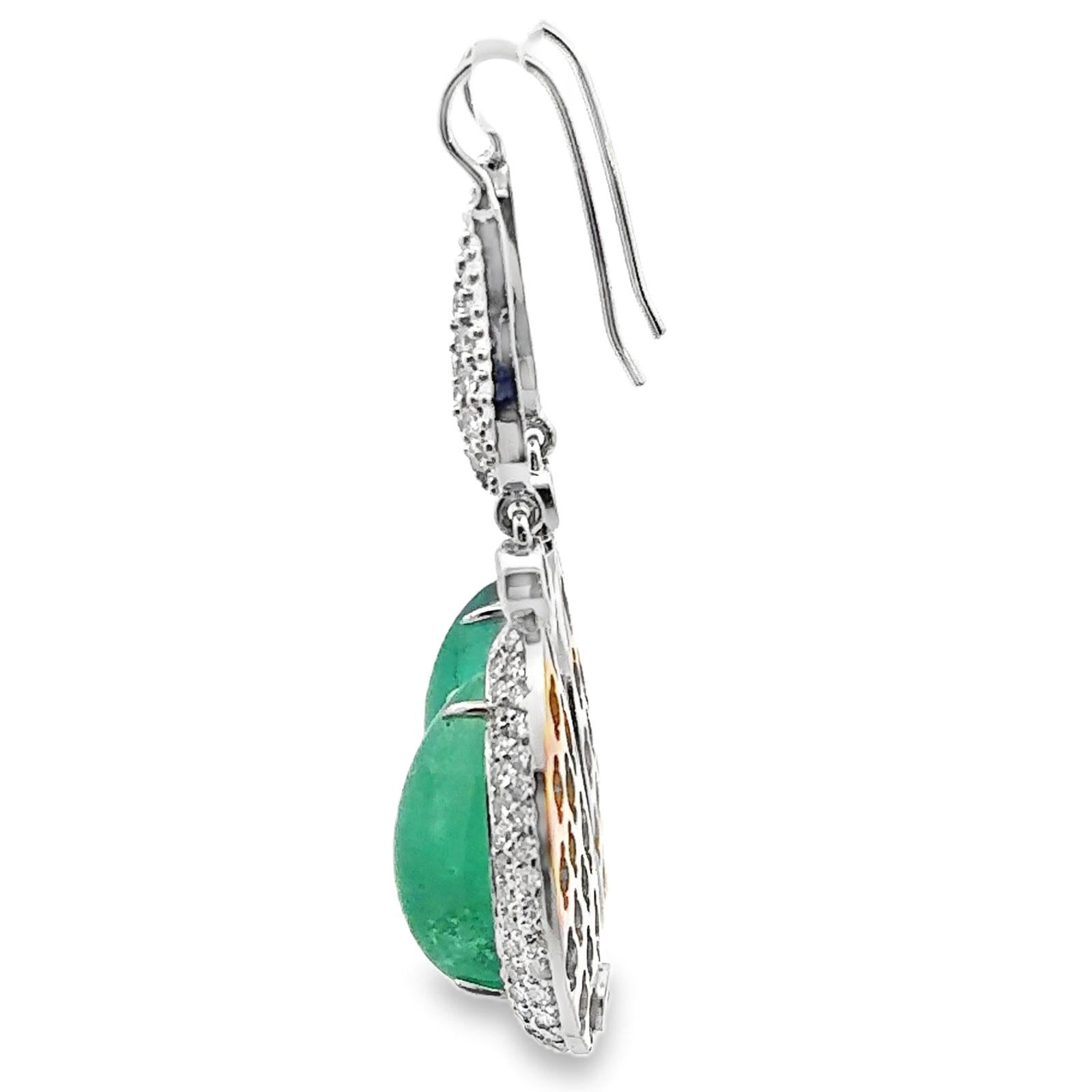 24-Carat Cabochon Emerald Diamond 18 Karat Two Tone Gold Drop Dangle Earrings