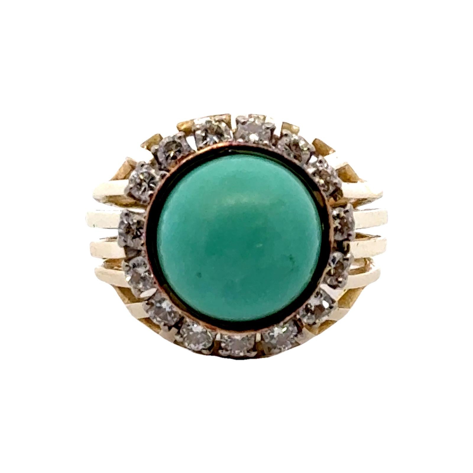 1970's Turquoise Diamond 14 Karat Yellow Gold Cocktail Ring