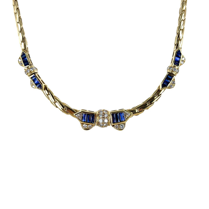 Late 20th Century Diamond Sapphire 18K Yellow Gold Bow Station Link Necklace