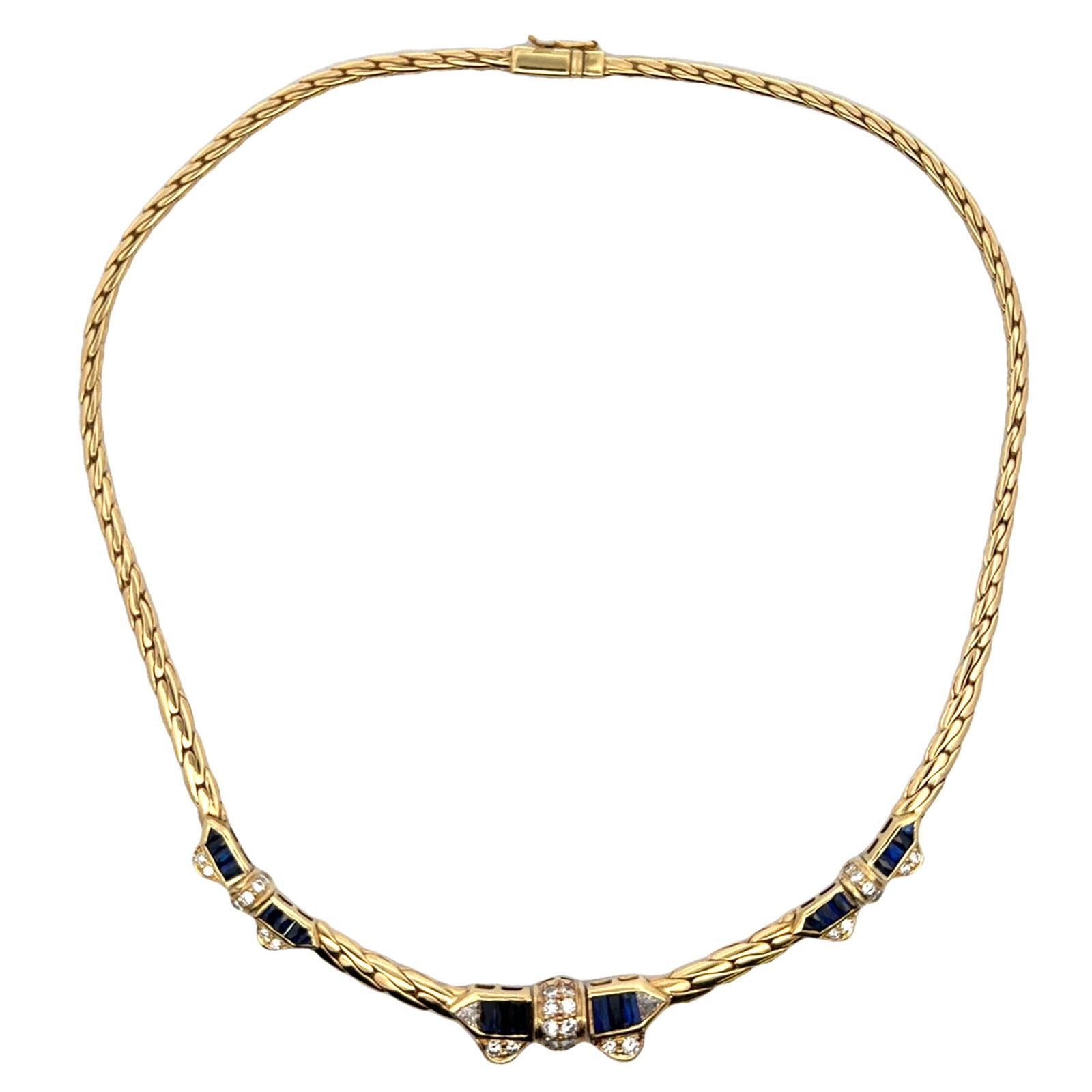 Late 20th Century Diamond Sapphire 18K Yellow Gold Bow Station Link Necklace