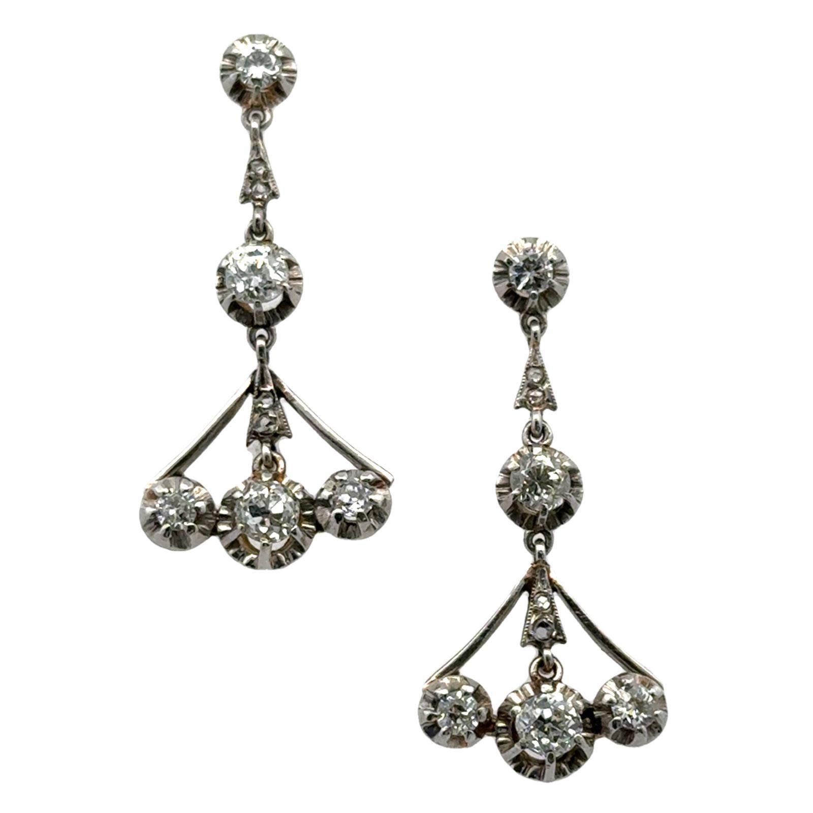 Early 20th Century Diamond Platinum & Yellow Gold Dangle Drop Vintage Earrings