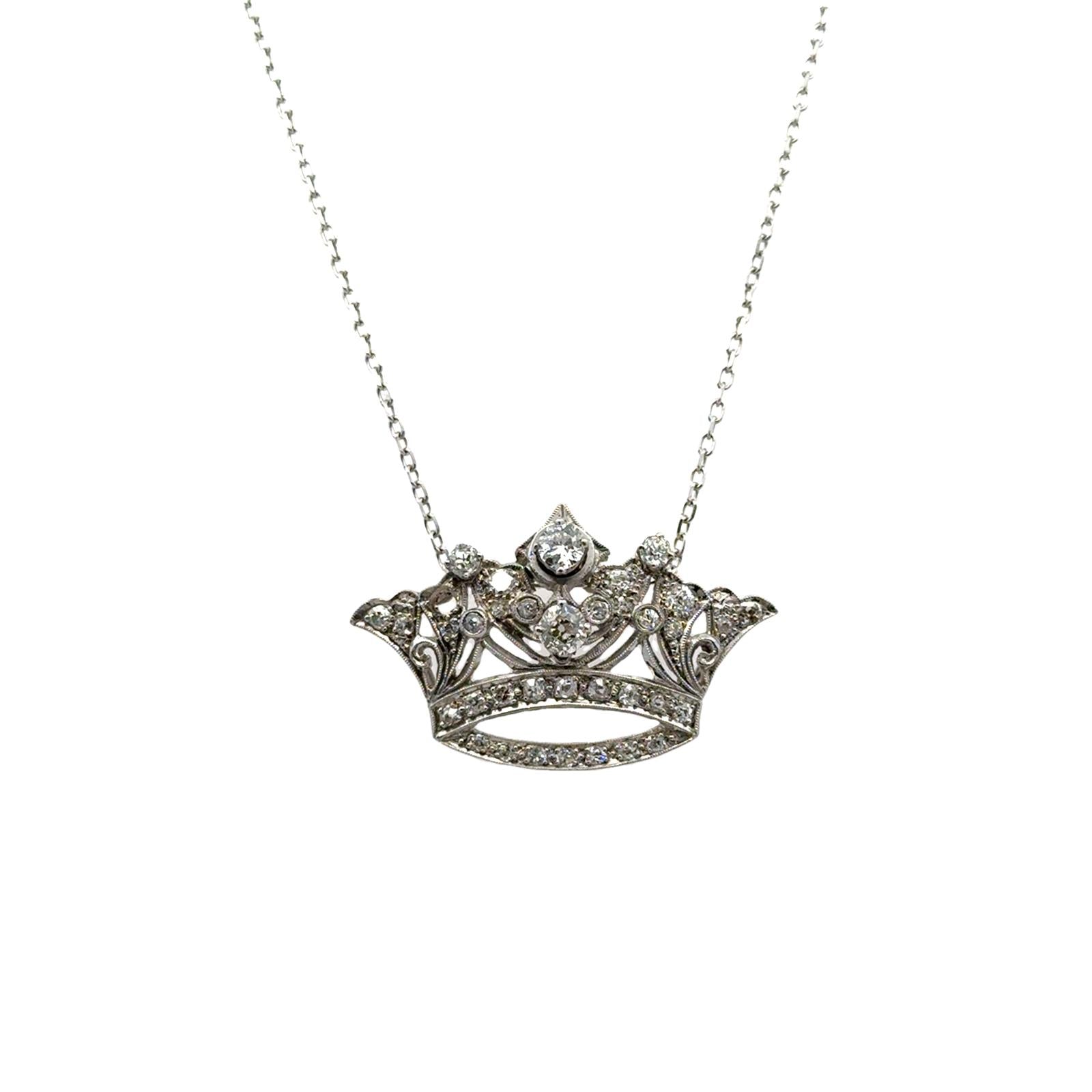 Mid-20th Century Diamond Platinum Crown Pendant Vintage Necklace