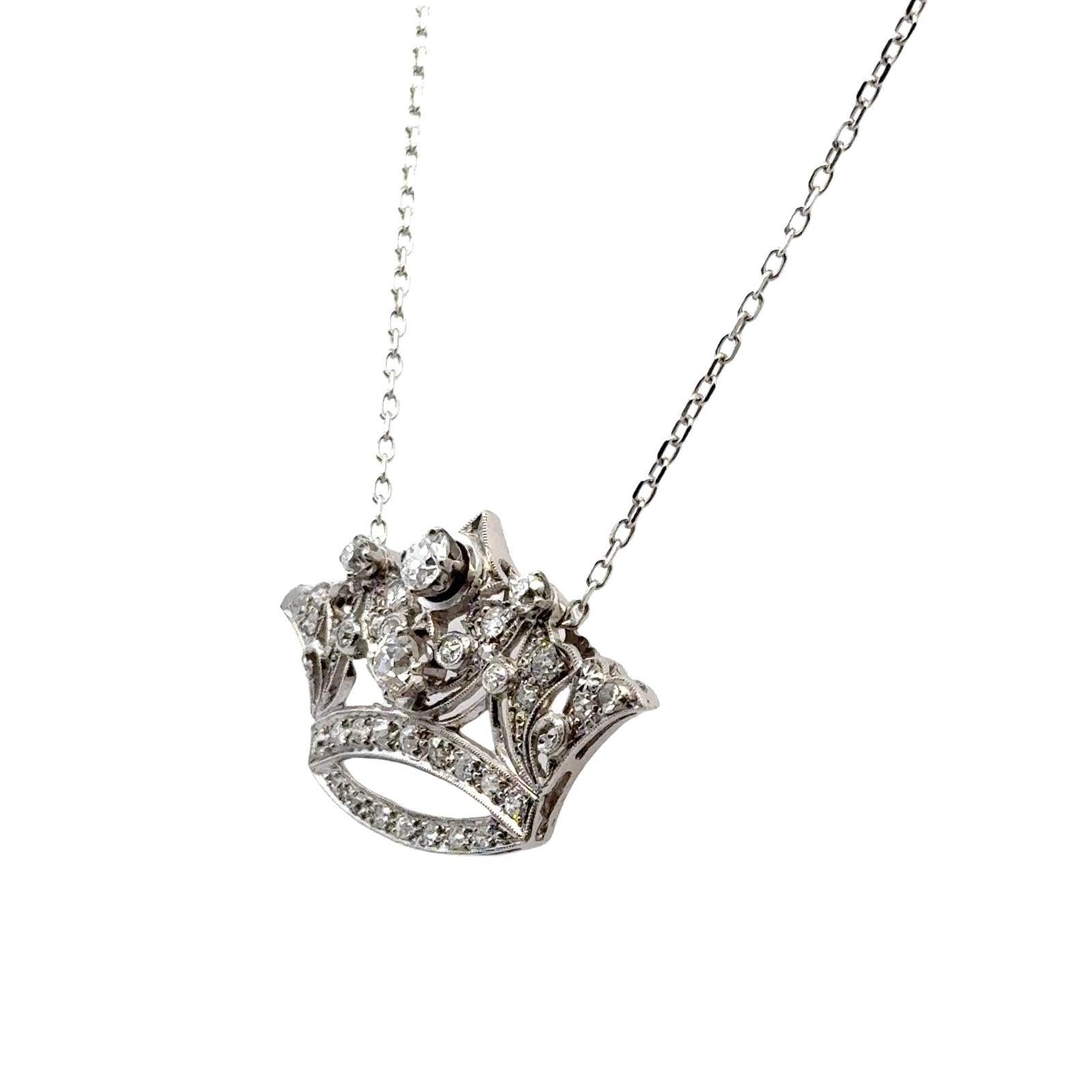 Mid-20th Century Diamond Platinum Crown Pendant Vintage Necklace