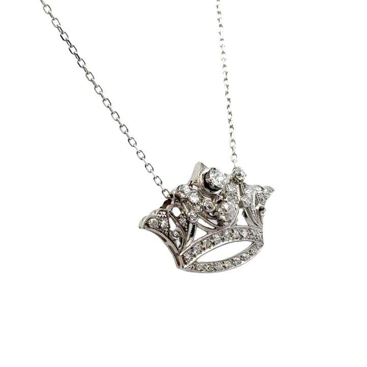 Mid-20th Century Diamond Platinum Crown Pendant Vintage Necklace