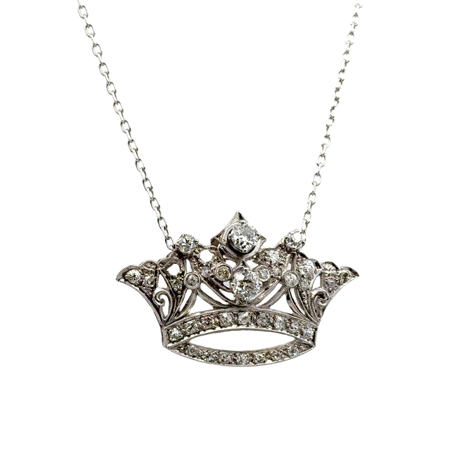 Mid-20th Century Diamond Platinum Crown Pendant Vintage Necklace