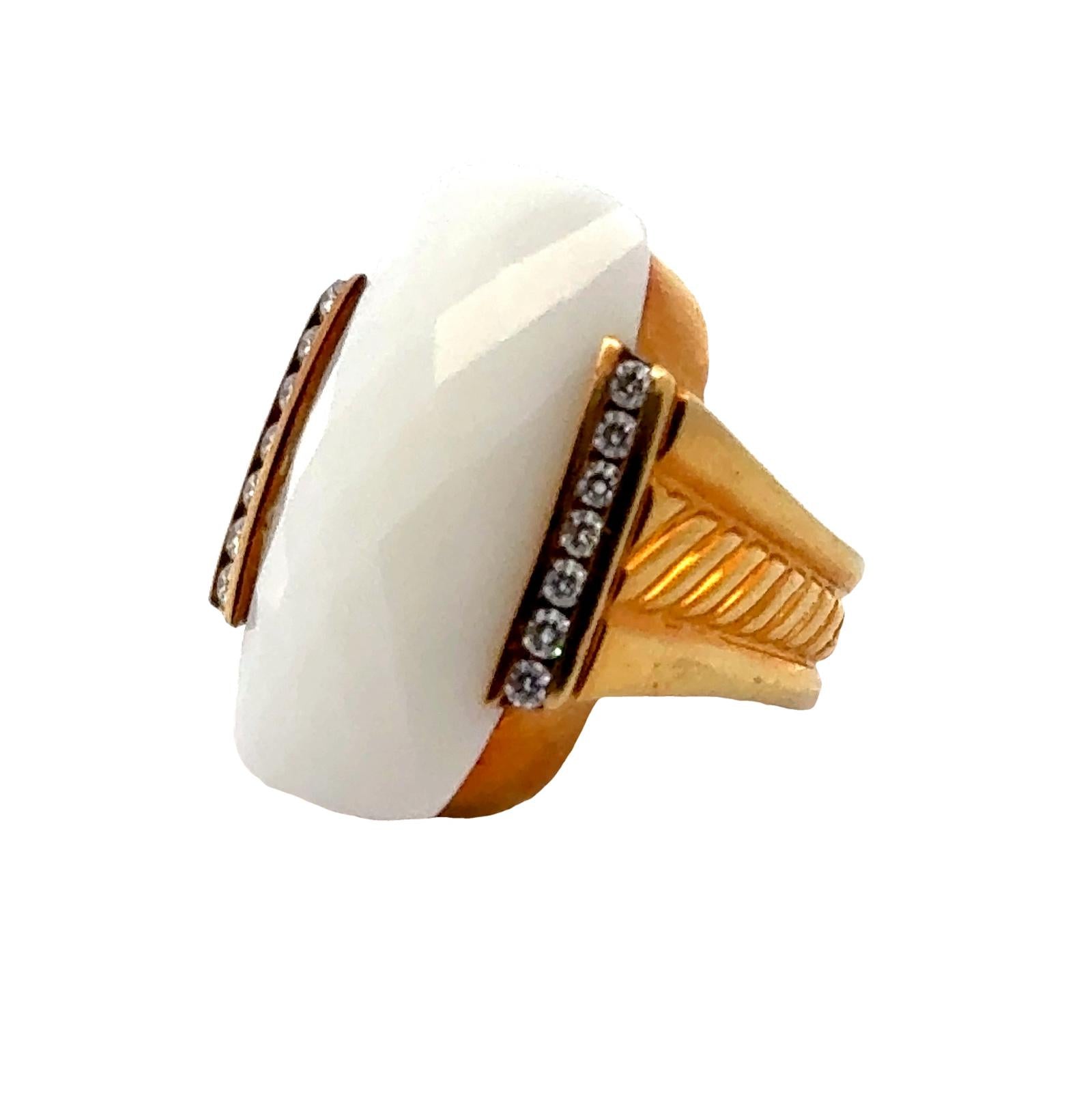 David Yurman Faceted White Agate Diamond 18 Karat Yellow Gold Cocktail Ring