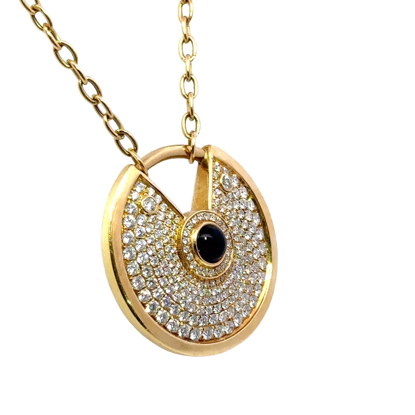 Modern Diamond Cabochon Onyx 18 Karat Yellow Gold Amulette Pendant Necklace