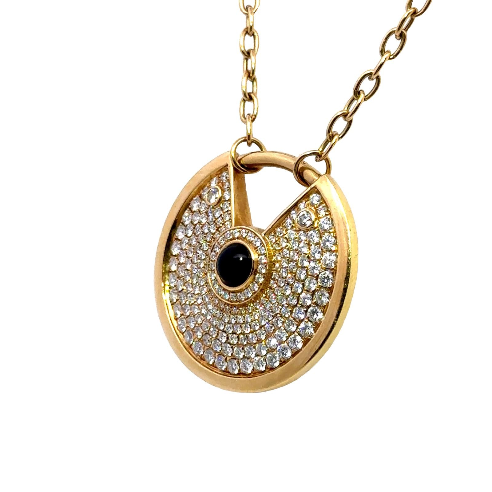 Modern Diamond Cabochon Onyx 18 Karat Yellow Gold Amulette Pendant Necklace