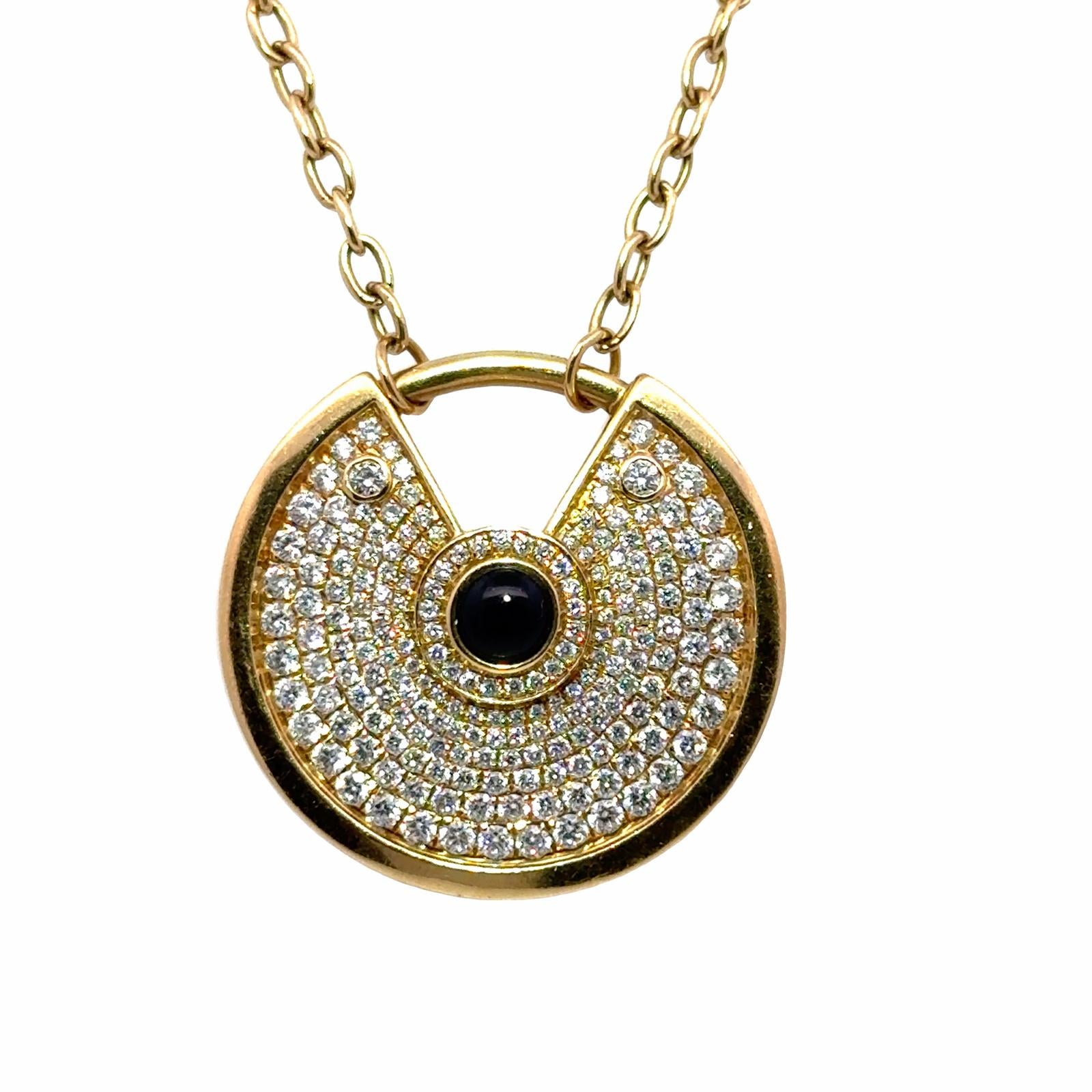 Modern Diamond Cabochon Onyx 18 Karat Yellow Gold Amulette Pendant Necklace