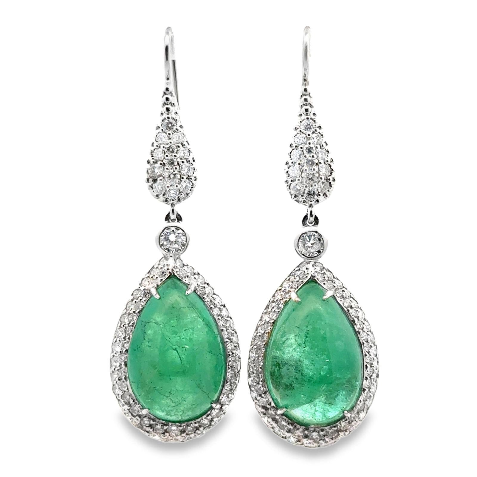 24-Carat Cabochon Emerald Diamond 18 Karat Two Tone Gold Drop Dangle Earrings