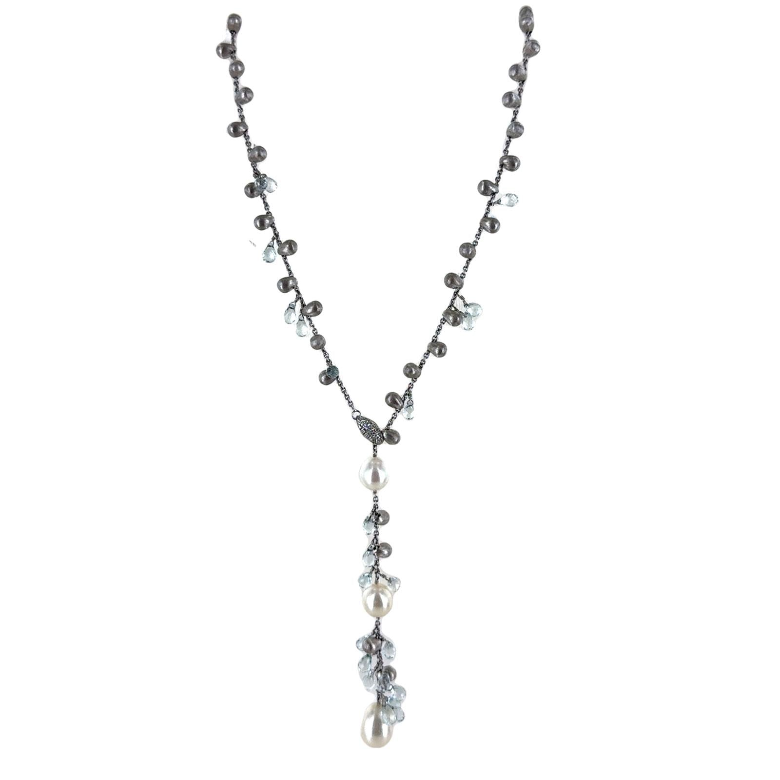 Marco Bicego 18K White Gold Pearl Crystal Drop Lariat Necklace