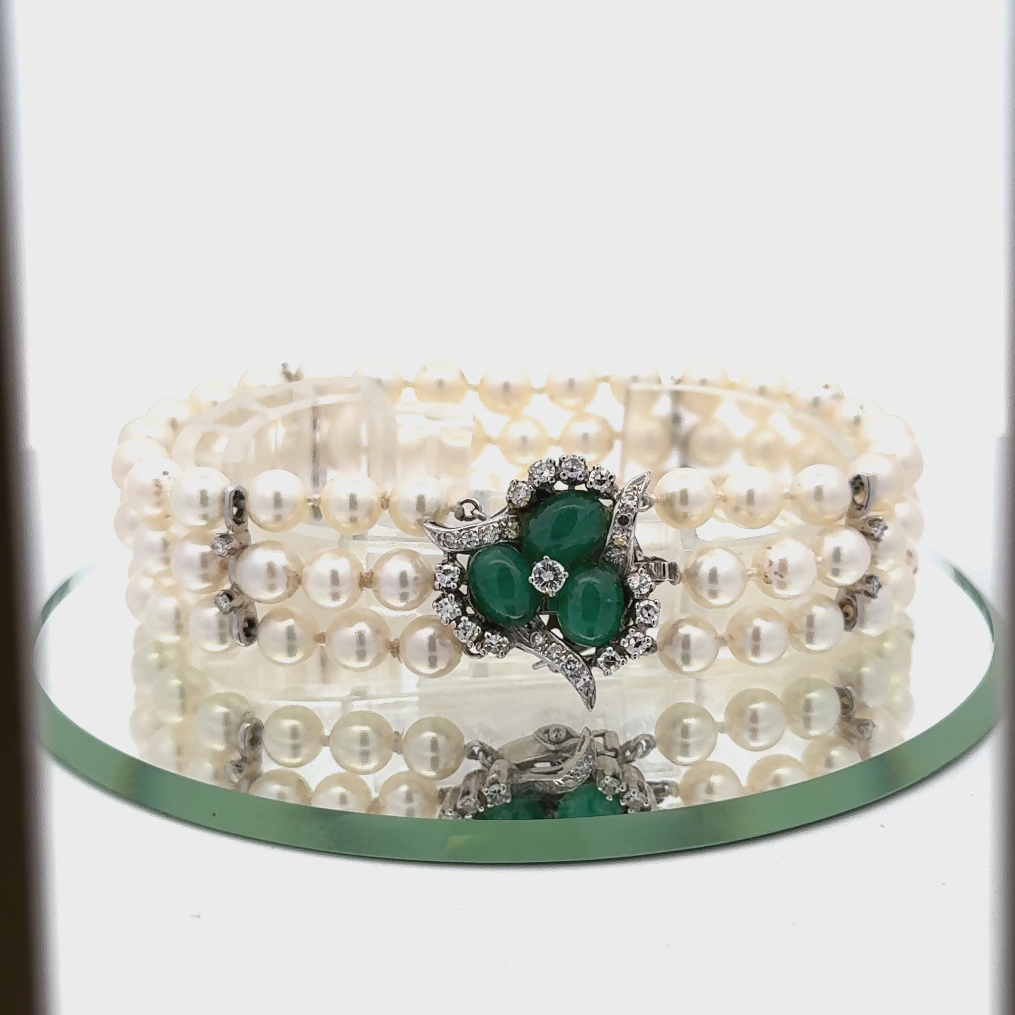 Emerald Diamond 14 Karat White Gold Clasp Three Strand Pearl Bracelet