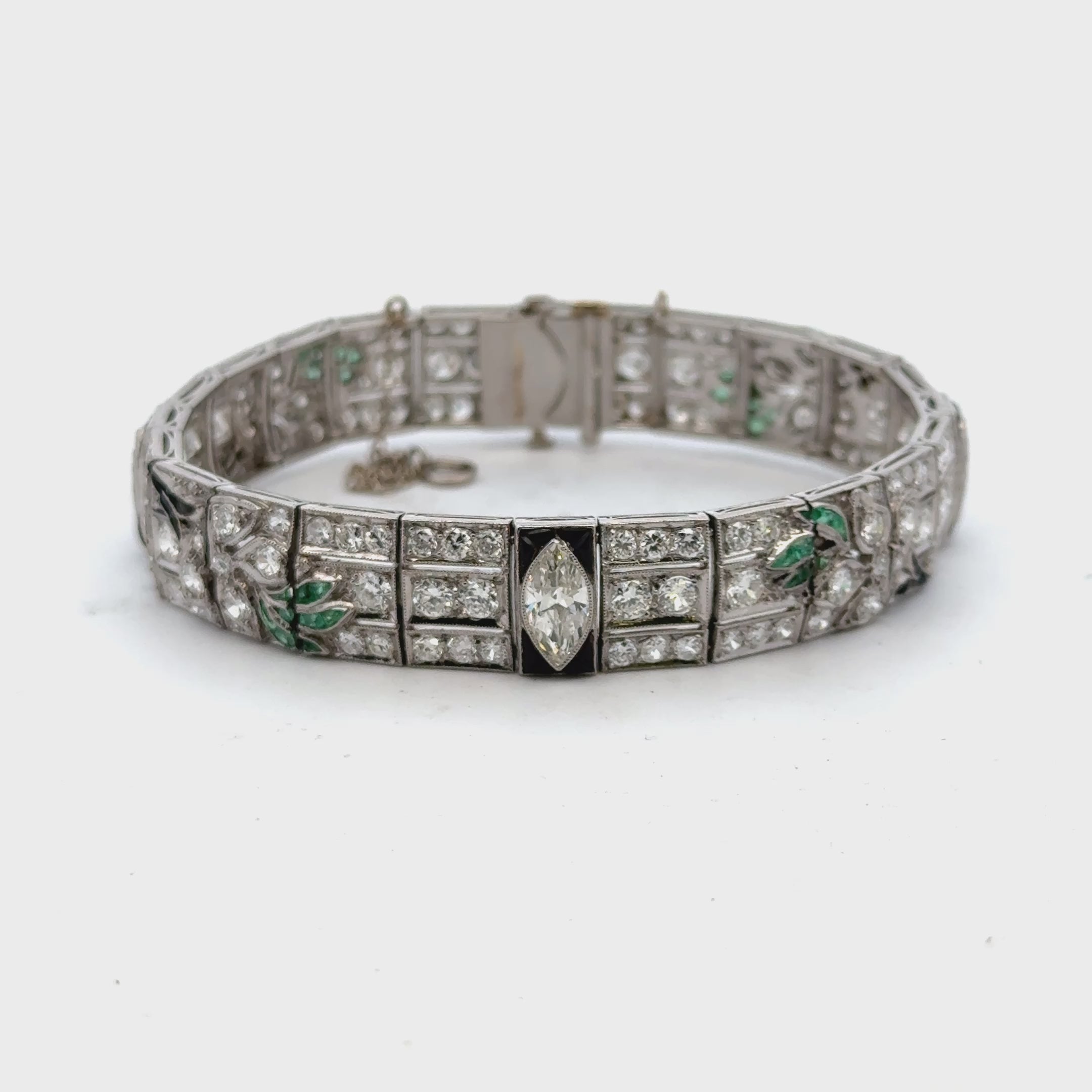 Art Deco Diamond Onyx Emerald Platinum Line Bracelet Early 20th Century