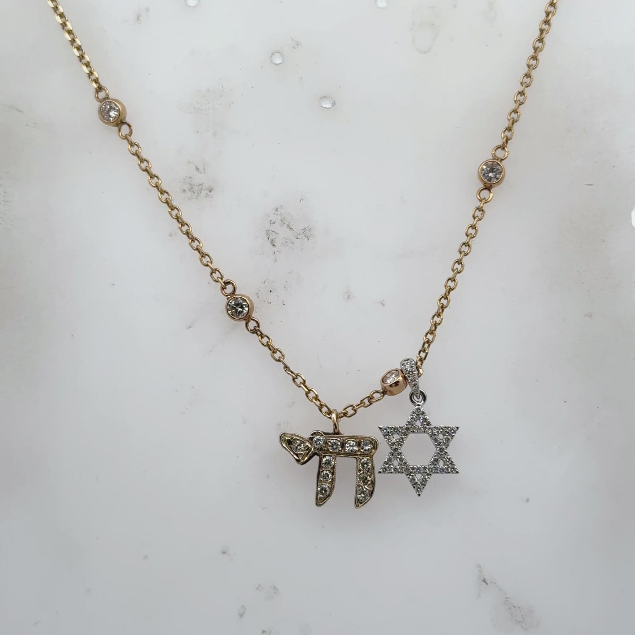 Diamond Chai & Star Of David 14 Karat Yellow Gold Pendant Necklace