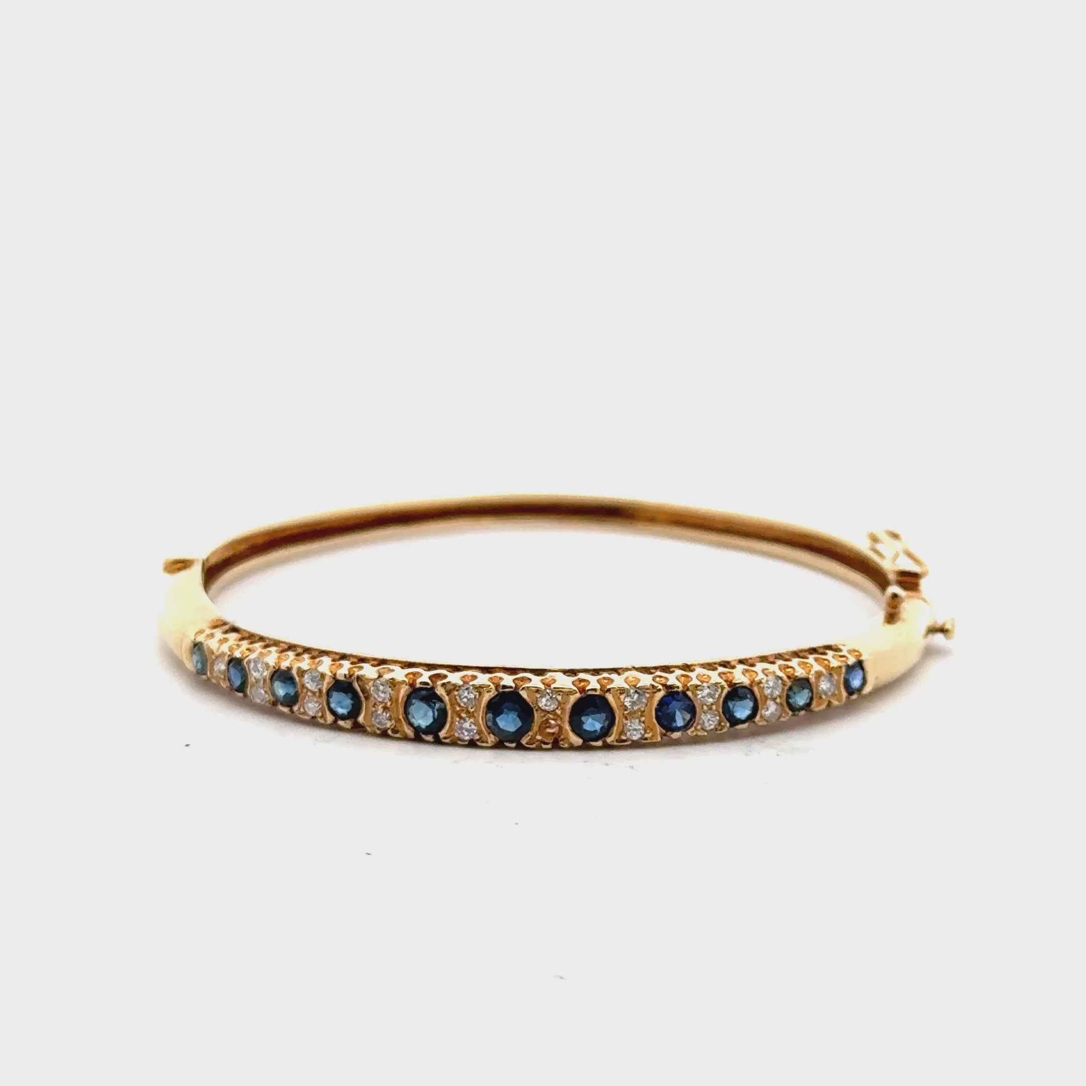 Diamond Sapphire 14 Karat Yellow Gold Hinged Bangle Bracelet