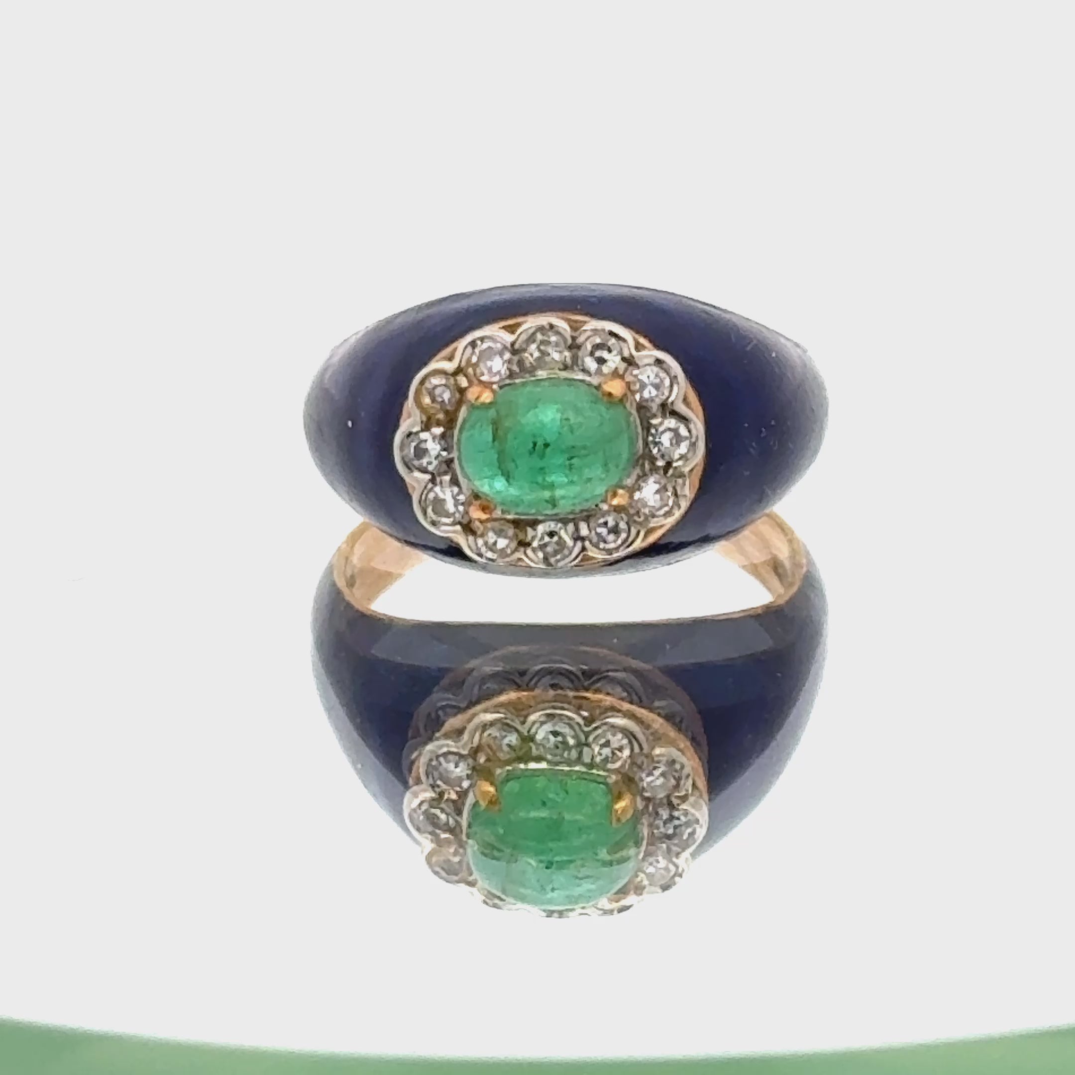 Mid-20th Century Emerald Diamond Blue Enamel 18K Yellow Gold Ring