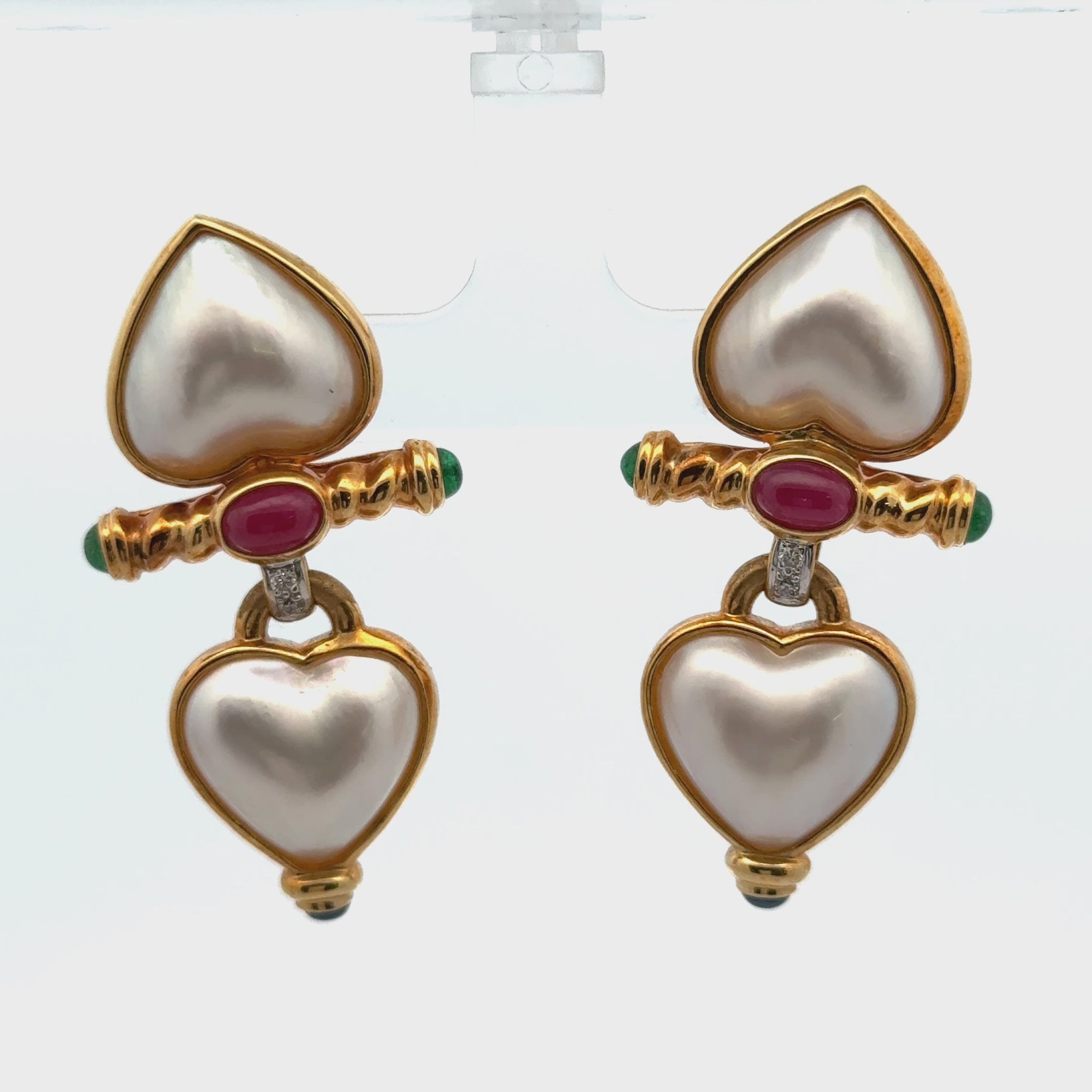 Mabe Pearl Diamond Emerald Ruby Sapphire Heart Drop 18KYG Leverback Earrings