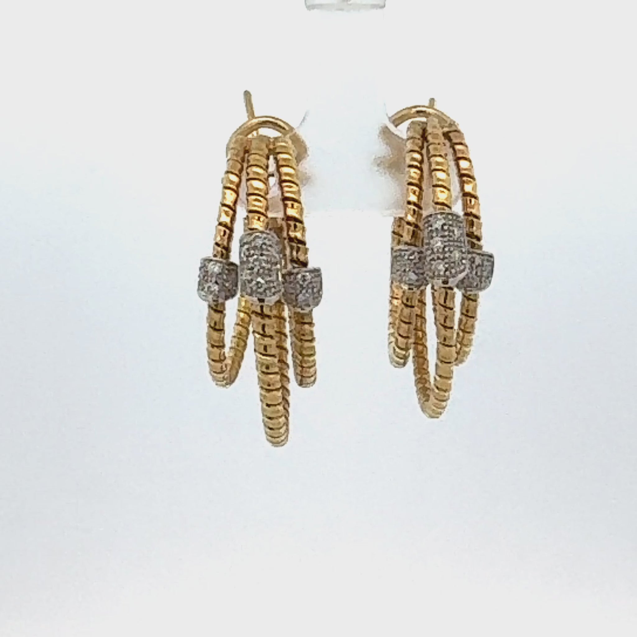 Diamond Three Row 18 Karat Yellow Gold Hoop Leverback Earrings