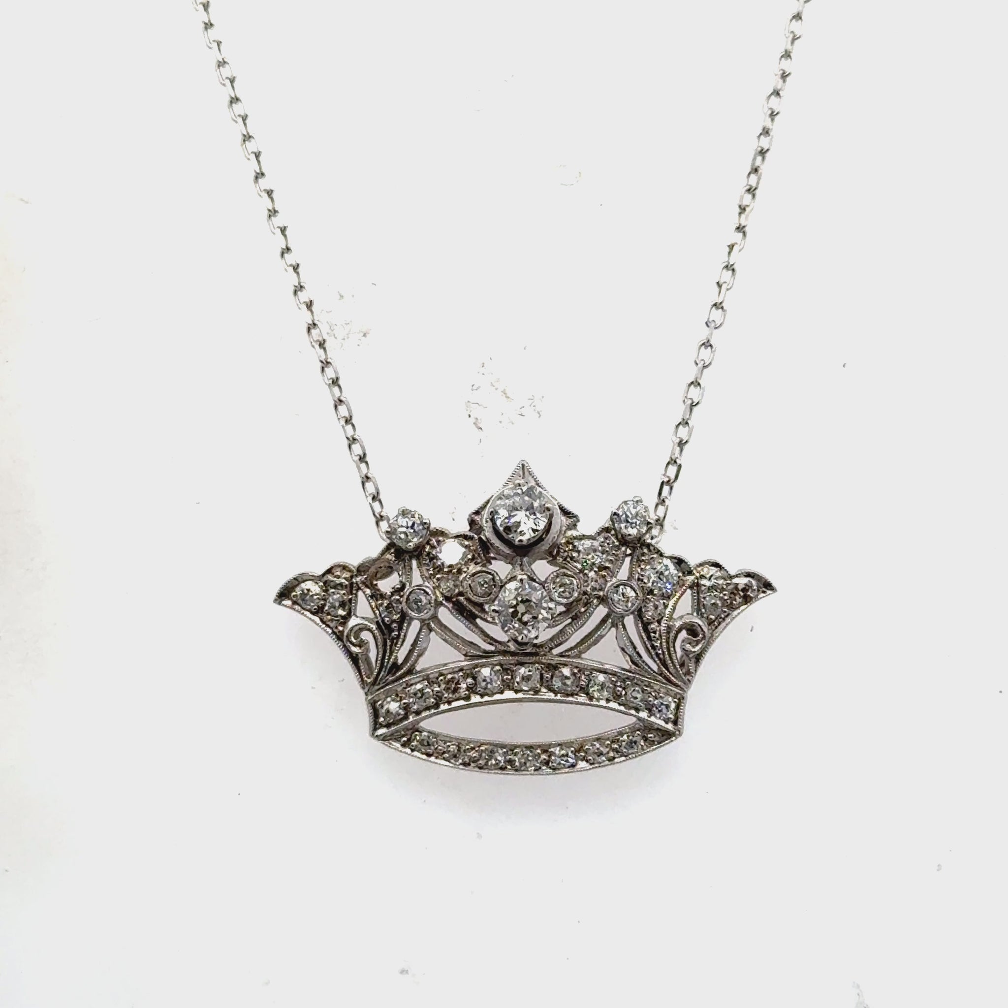 Mid-20th Century Diamond Platinum Crown Pendant Vintage Necklace