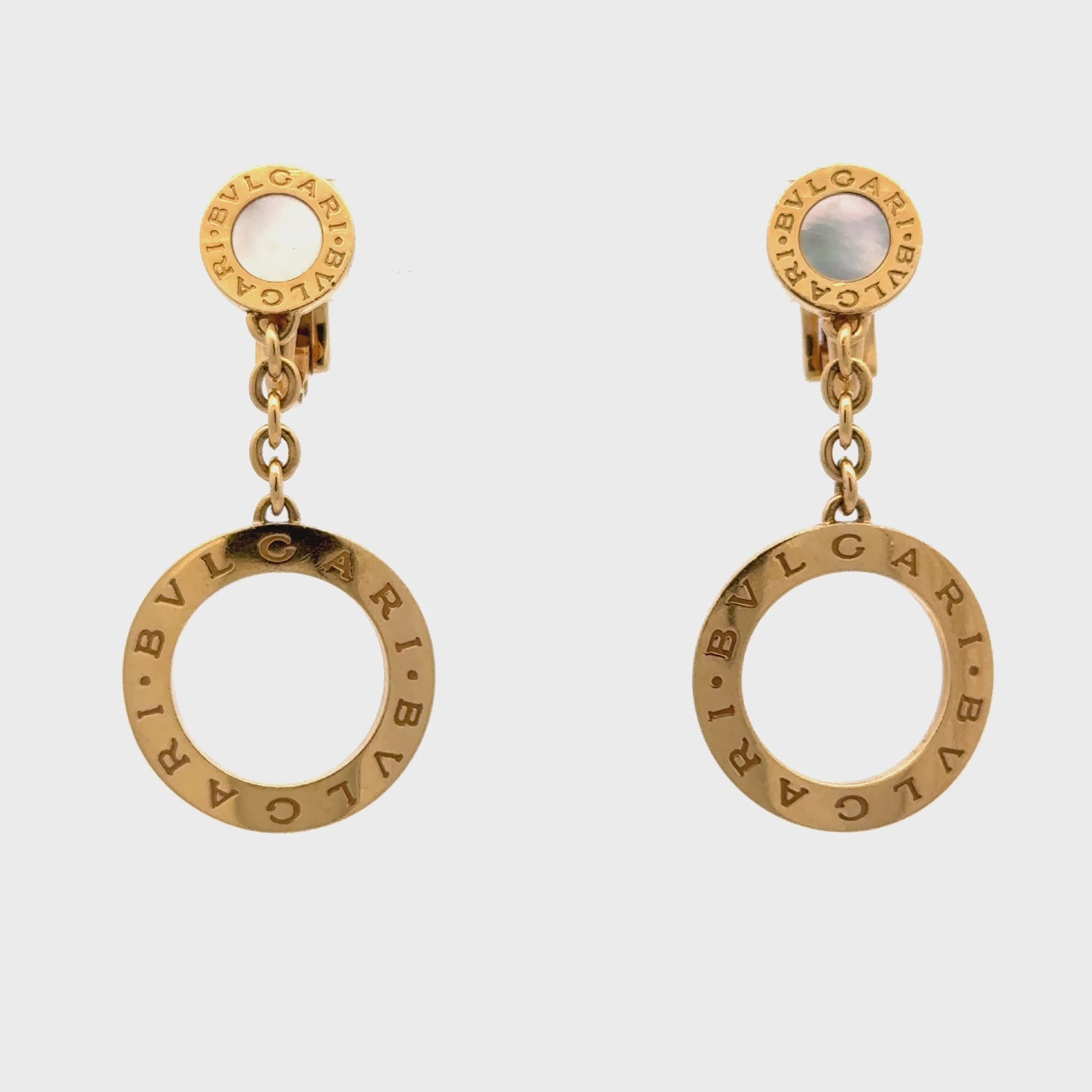 Bvlgari Bvglari 18 Karat Yellow Gold Mother of Pearl Circle Drop Modern Earrings