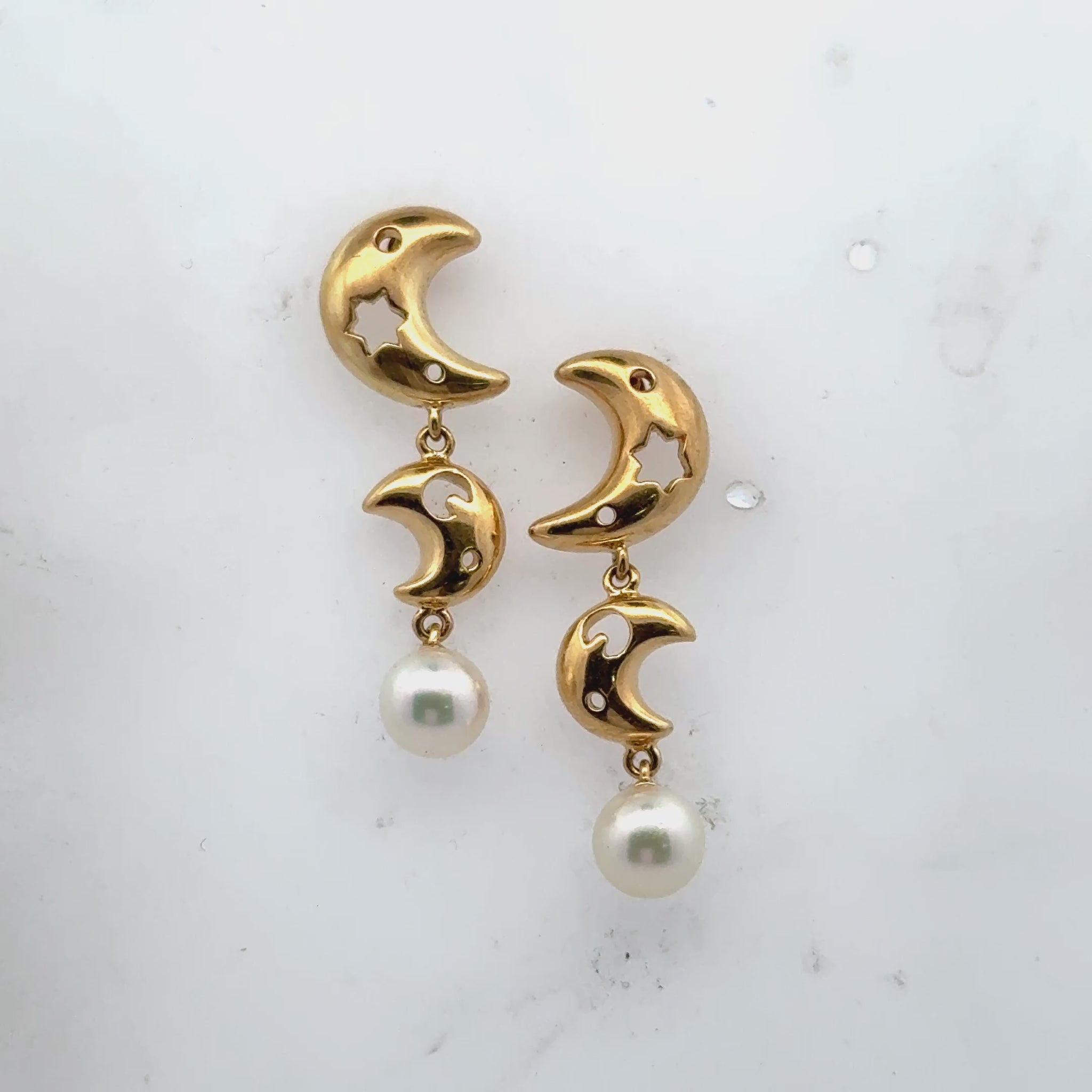 Mikimoto Moon & Star Pearl Drop 18 Karat Yellow Gold Dangle Earrings