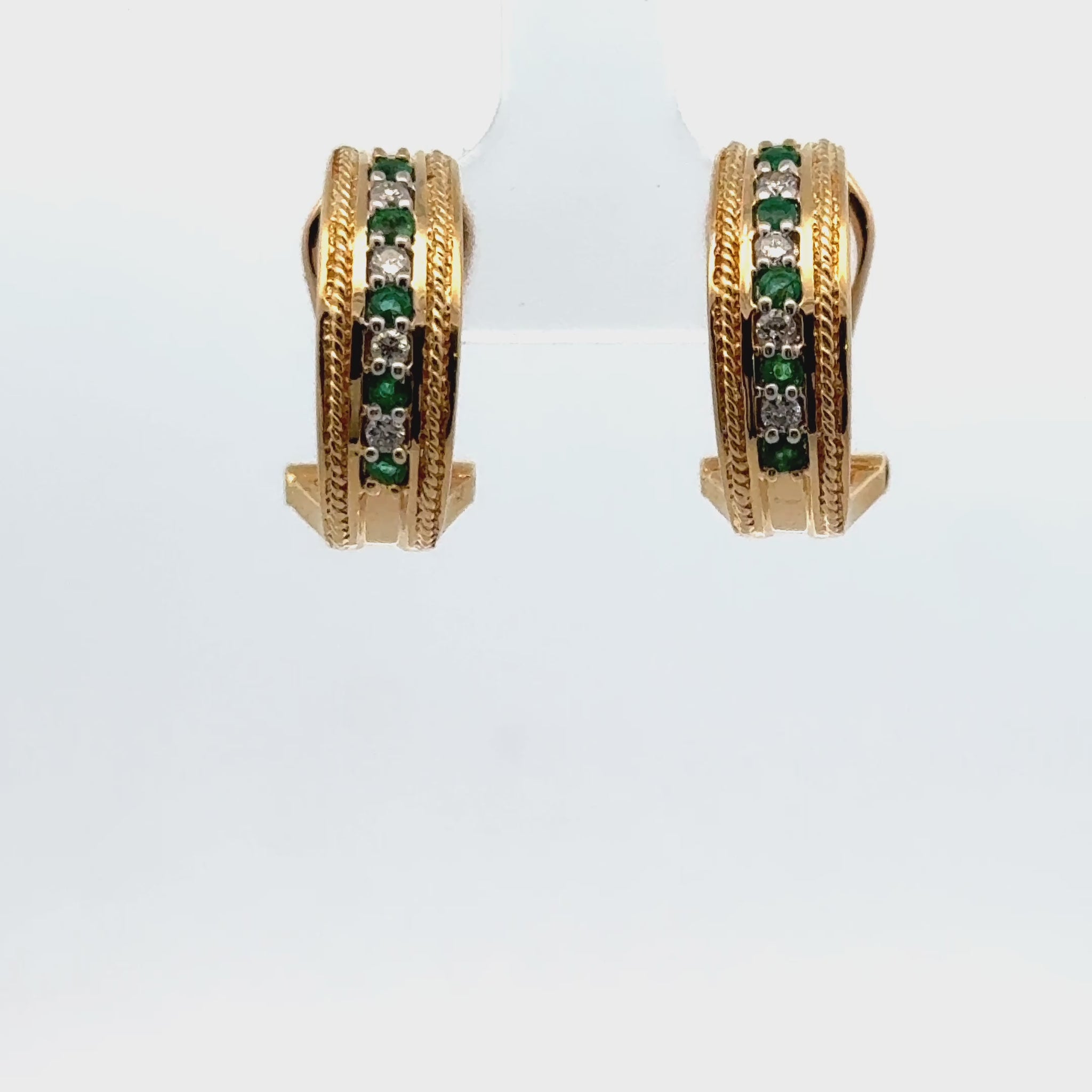 Diamond Emerald 14 Karat Yellow Gold Half Hoop Leverback Earrings