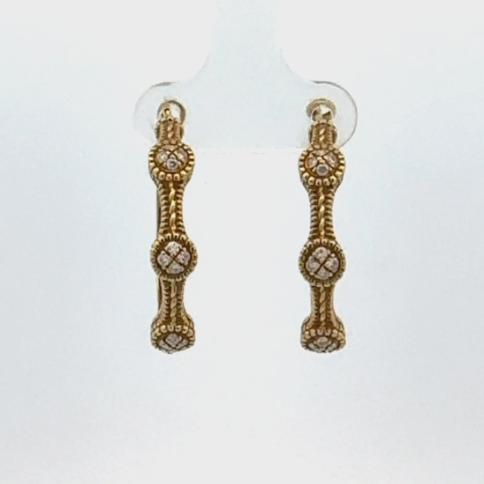 18 Karat Yellow Gold Textured Diamond Station Hoop Leverback Earrings