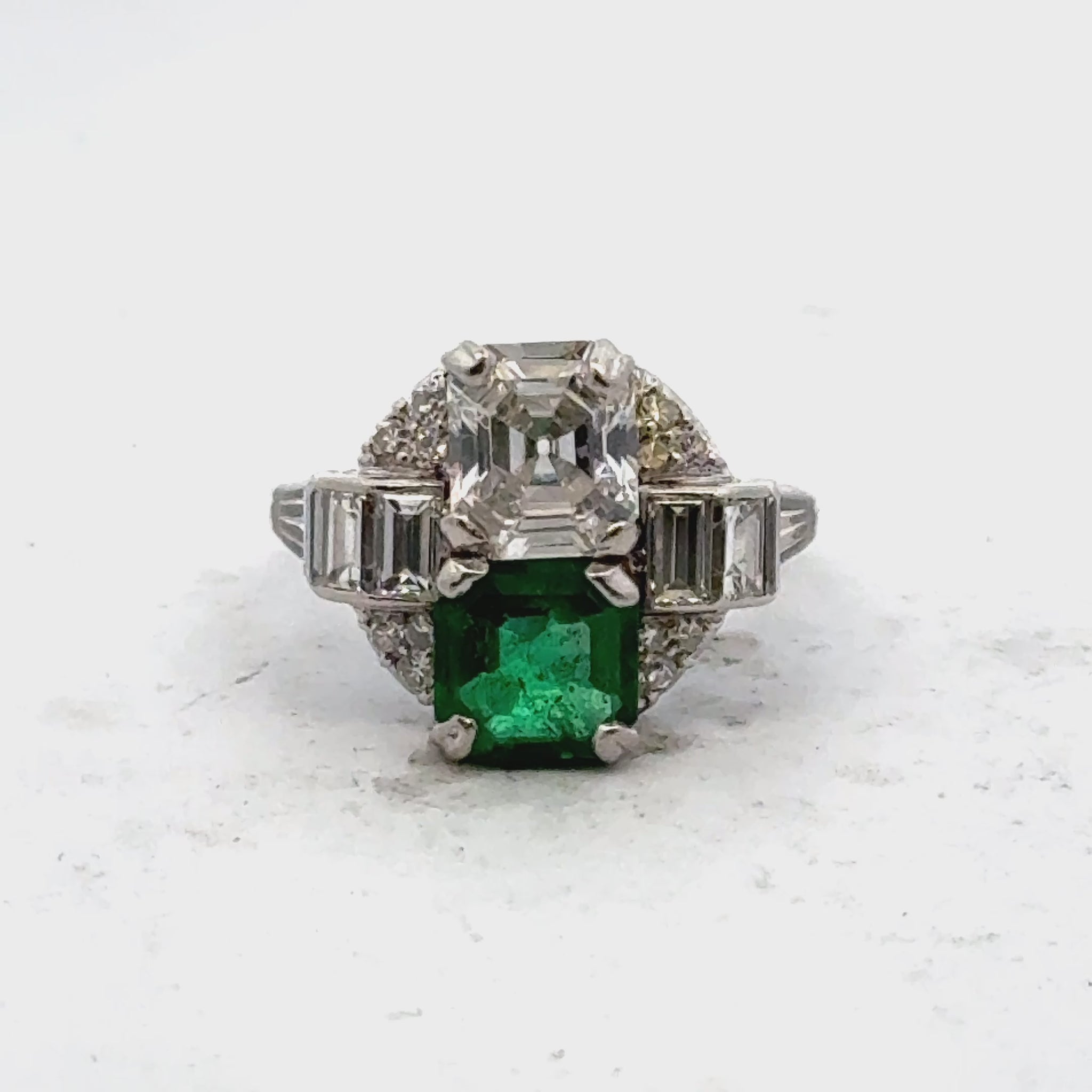 1950's Asscher Cut Diamond Emerald Platinum Vintage Cocktail Ring