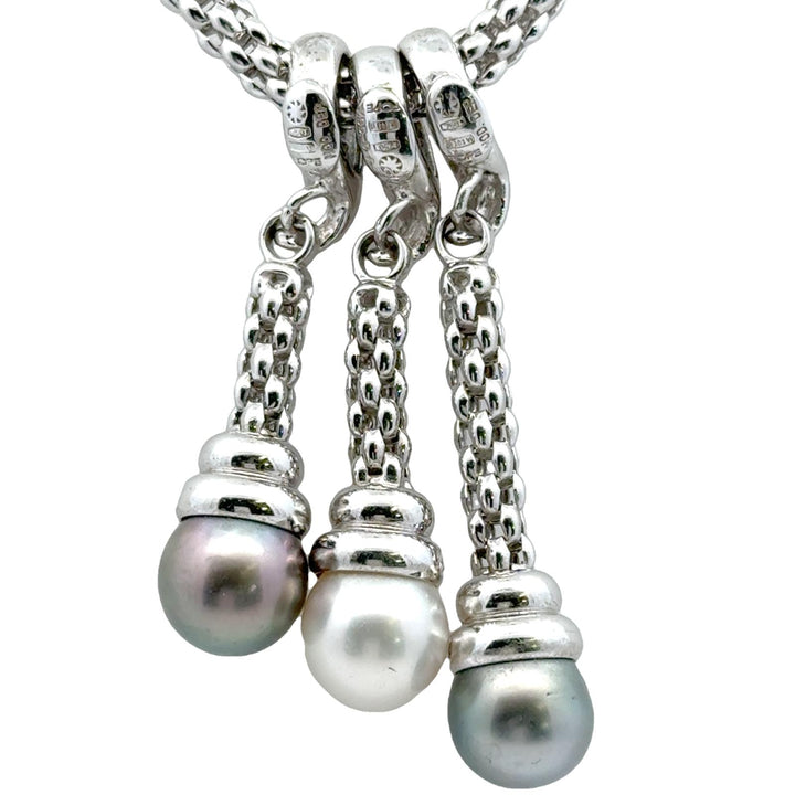 Fope Diamond Pearl Graduated Drop Pendant Necklace 18 Karat White Gold