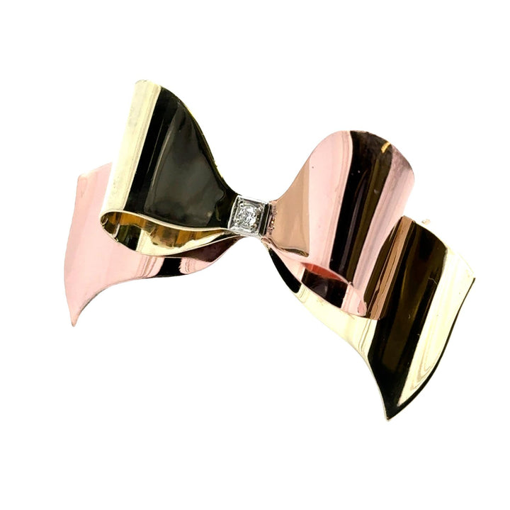 Mid 20th Century Retro  14 Karat Two-Tone Diamond Bow Brooch Pin