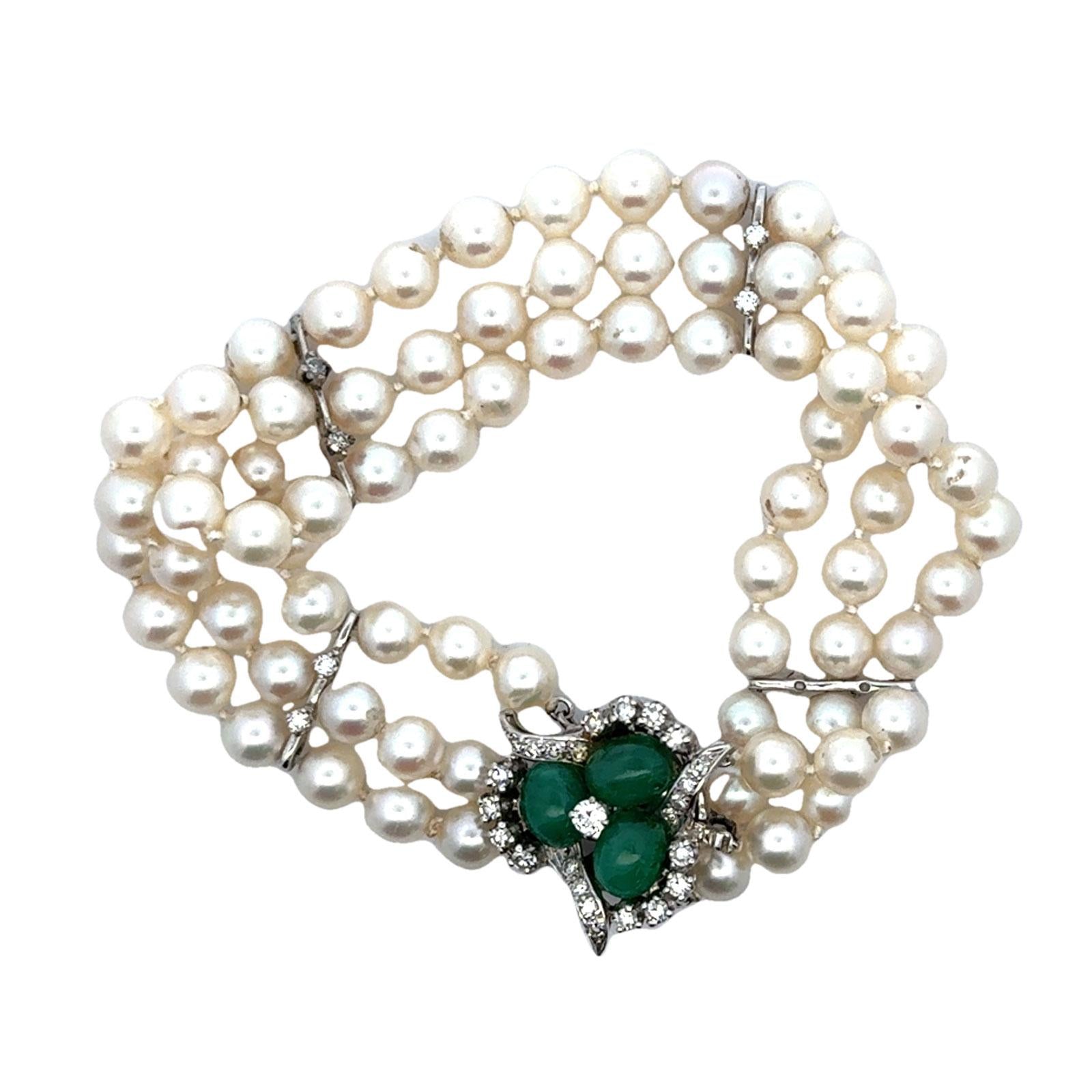 Emerald Diamond 14 Karat White Gold Clasp Three Strand Pearl Bracelet