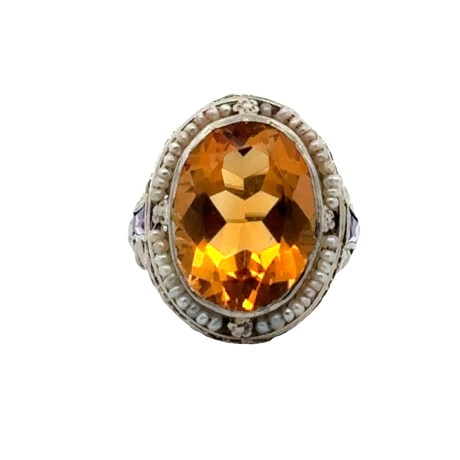 1940's Citrine Seed Pearl & Amethyst 14 Karat White Gold Filigree Vintage Ring