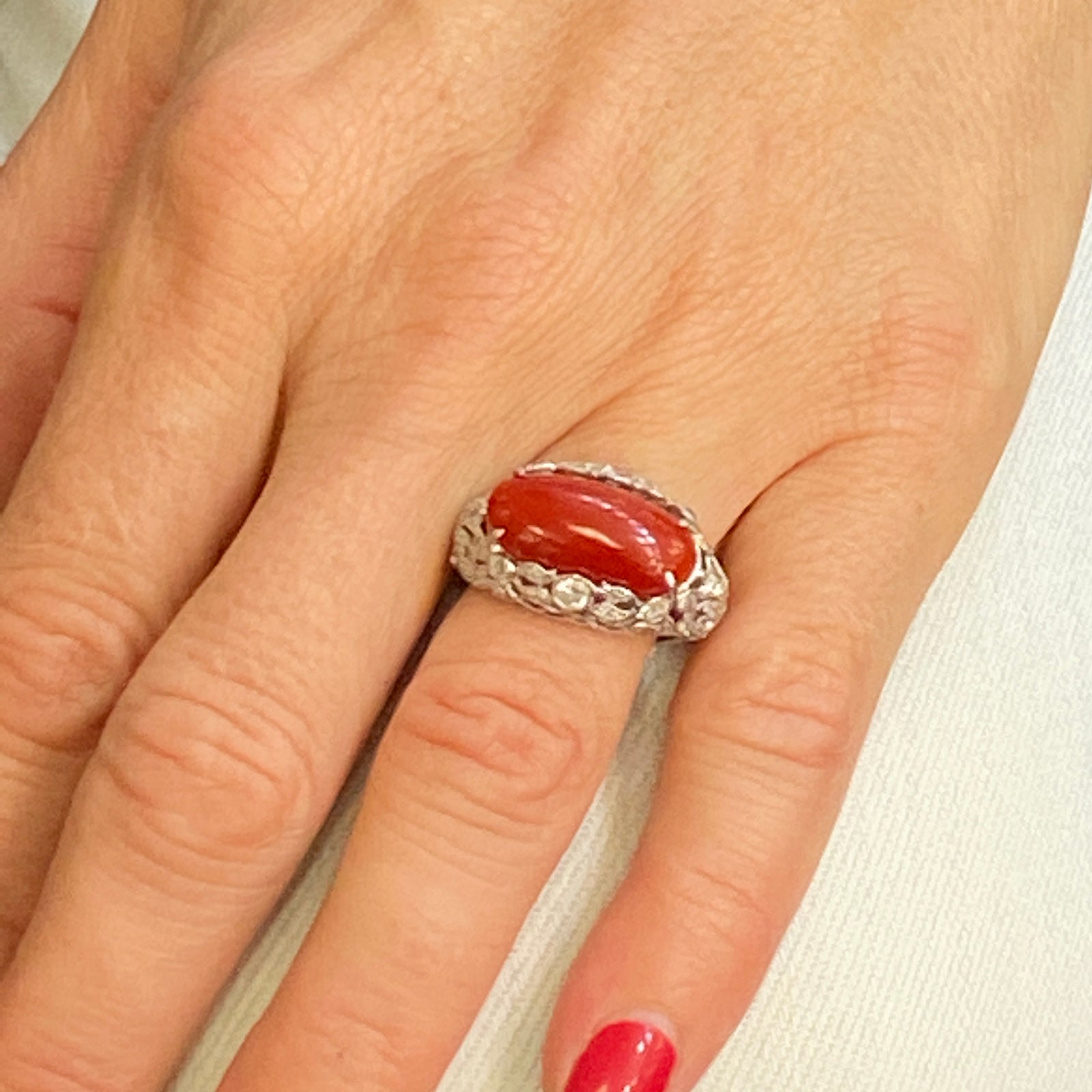 Art Deco Coral And Diamond Cocktail Ring Platinum