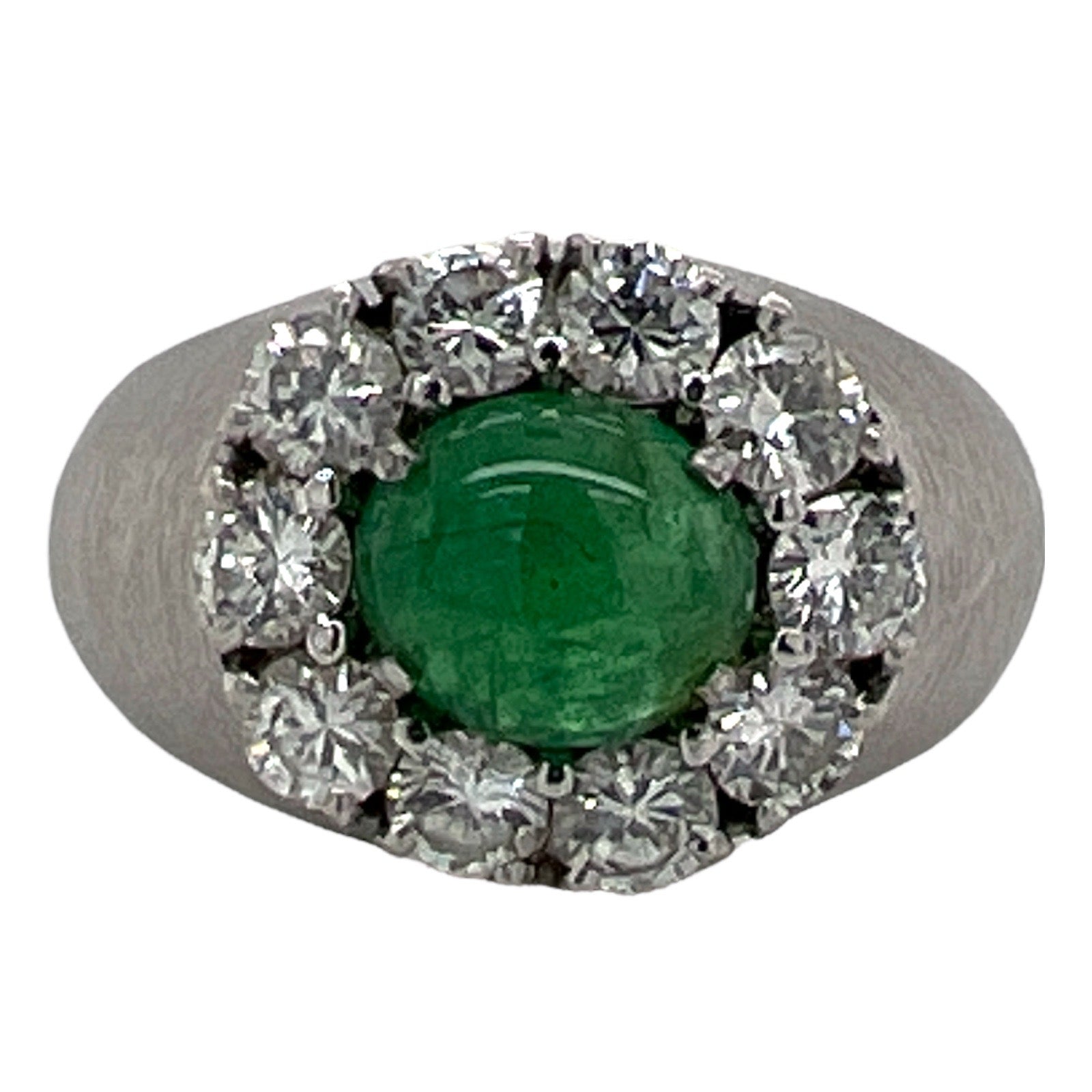 1970's Emerald Diamond Satin Finish White Gold Cocktail Ring